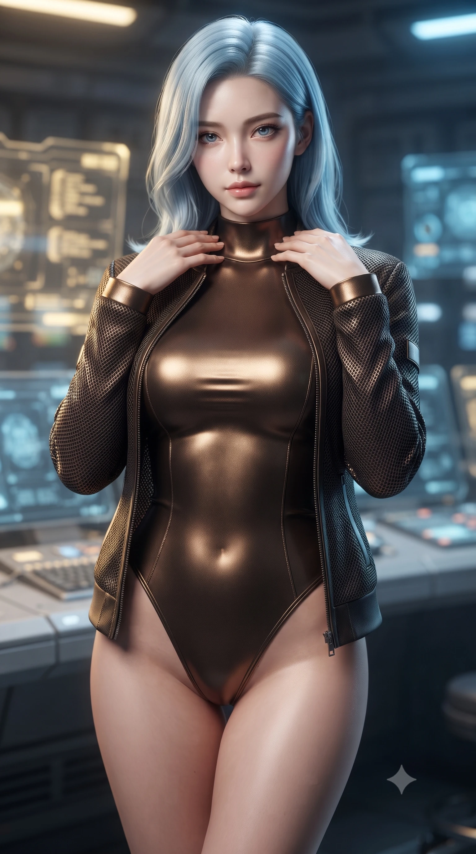 score_9, masterpiece, best quality, ultra-detailed, high-budget anime keyframe, editorial fashion photography, tasteful artistic composition, Korean woman. close-up cowboy shot from the waist and thighs up, the character dominates the composition, filling the frame with her large presence, background elements kept in soft focus. standing in a relaxed, elegant posture with both hands resting lightly on her collarbone, looking at the viewer with bedroom-eyes, the background shows a soft-focus a replicator console room with holographic terminal displays in soft focus. She has an exceptionally elegant, slender, and willowy female figure with an ultra-slim waist, a gracefully sculpted slender torso, and a refined silhouette. sharp v-shaped jawline, high-bridge nose, intricate jewel-like eyes with depth, thick eyelashes, glossy lips with a natural sheen. wearing a slim-fit form-fitting high-neck bodysuit in dark bronze, worn under a tailored open carbon-mesh tactical jacket. soft yellow terminal glare contrasting with the cool blue simulation space. ultra-reflective glossy finish, specular highlights, metallic sheen, high-contrast stereoscopic depth, volumetric dynamic lighting, 2k, ultra detail, master piece, 9:16 ratio
