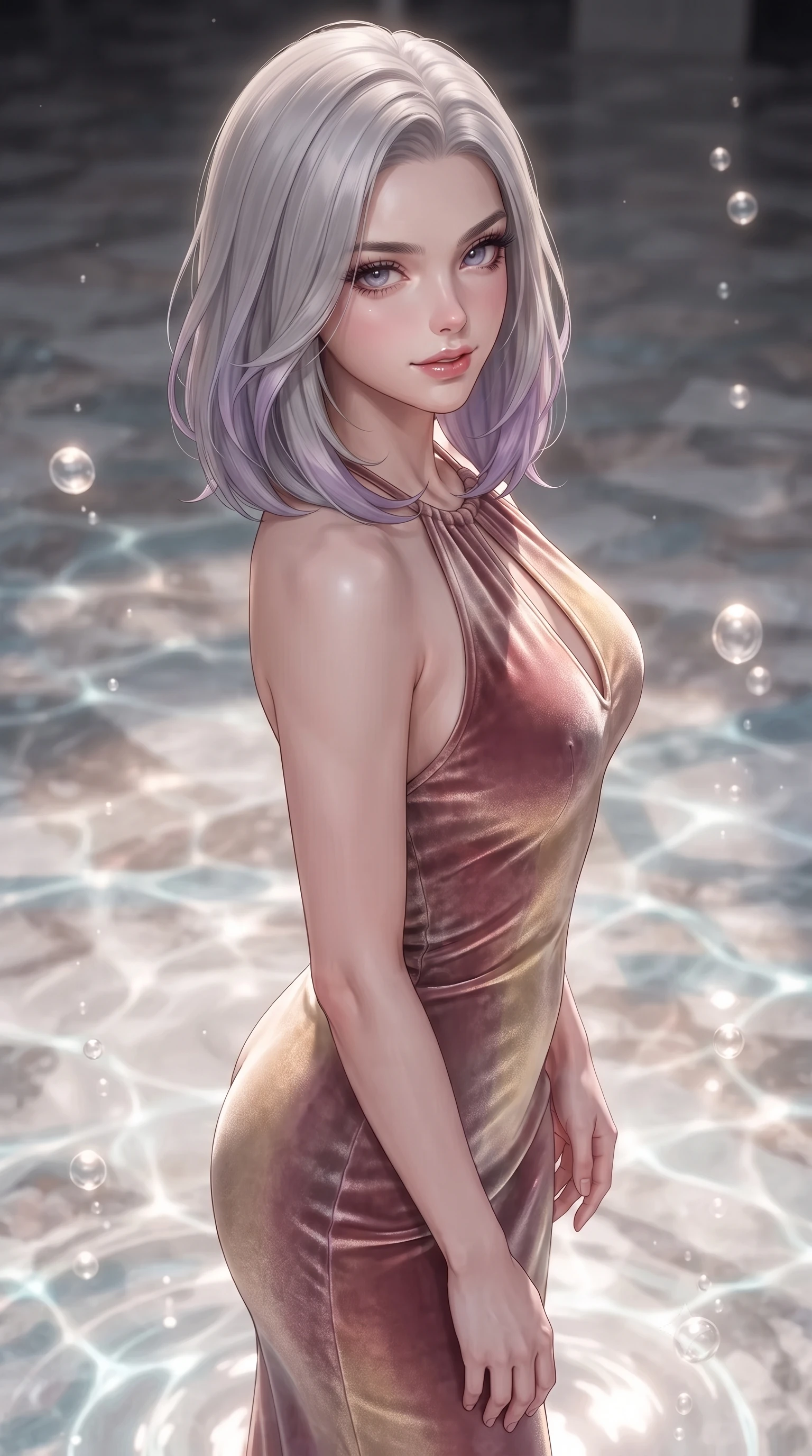 score_9, masterpiece, best quality, ultra-detailed, high-budget anime keyframe, editorial fashion photography, tasteful artistic composition, Caucasian woman. close-up cowboy shot from the waist and thighs up, the character dominates the composition, filling the frame with her large presence, background elements kept in soft focus. Glancing sidelong over her shoulder with a smoldering half-smile and heavy lashes gliding over a mosaic marble floor illuminated by caustic water ripples, rising bioluminescent bubbles casting soft pearl-like highlights. She has an exceptionally elegant, slender, and willowy female figure with an ultra-slim waist, a gracefully sculpted slender torso, and a refined silhouette. sharp v-shaped jawline, high-bridge nose, intricate jewel-like eyes with depth, thick eyelashes, glossy lips with a natural sheen. wearing a velvet halter-neck midi dress following her form like a glove in dusty rose and champagne gold, made of premium stretch velvet with a rich sheen, accented with a Tasteful chest slit framing her clavicle gracefully, the tailored fabric tightly following every curve of her athletic build. lit by clear sun-drenched sea light with soft ethereal shadows. ultra-reflective glossy finish, specular highlights, metallic sheen, high-contrast stereoscopic depth, volumetric dynamic lighting, 2k, ultra detail, master piece, 9:16 ratio
