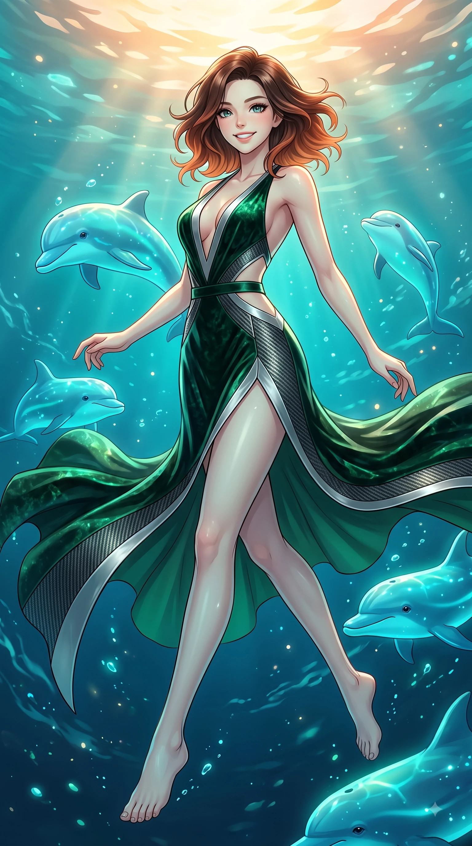 score_9, masterpiece, best quality, ultra-detailed, high-budget anime keyframe, editorial fashion photography, tasteful artistic composition, Korean woman. low angle full-body shot from head to toe showing her feet, filling the entire 9:16 vertical frame with her statuesque presence, stretching her vertical silhouette. stepping forward in a proud dynamic stride with a cheerful beaming smile, her vertical silhouette filling the frame while swimming underwater in a dynamic playful spin alongside friendly bioluminescent dolphins, gentle ocean currents swaying her lightweight aquatic attire in fluid joyful motions. She has an absolutely perfect, statuesque 8.5-heads proportion, an exceptionally tall and slender model-like female figure with impossibly long slender legs and an ultra-slim waist. sharp v-shaped jawline, high-bridge nose, intricate jewel-like eyes with depth, thick eyelashes, glossy lips with a natural sheen, flawlessly proportioned anatomical accuracy, natural body alignment, perfectly sculpted elegant limbs, clean dynamic posture without body distortion. wearing a backless crushed velvet gown with a deep V-neckline and high thigh slit in deep emerald green and silver accent, made of fine carbon-fiber weave and soft matte leather, featuring subtle geometric cutouts that highlight her ultra-slim midriff, the tailored fabric tightly following every curve of her athletic build. illuminated by cheerful aqua bioluminescence and warm golden top lighting. highly saturated vibrant anime colors, detailed shading with soft gradients, rich glossy textures, high-contrast stereoscopic depth, volumetric dynamic lighting, master piece, 9:16 ratio