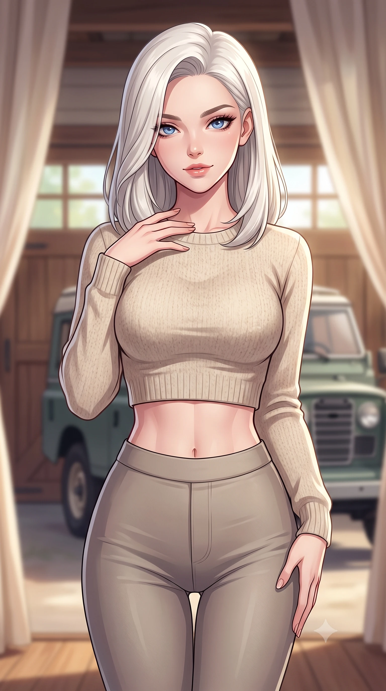 score_9, masterpiece, best quality, ultra-detailed, high-budget anime keyframe, tasteful artistic composition, Caucasian woman. close-up cowboy shot from the waist and thighs up, the character dominates the composition, filling the frame with her large presence, background elements kept in soft focus. standing with one hand resting on her collarbone, looking at the viewer with bedroom-eyes the background shows a soft-focus a cozy cottage garage with wooden doors and a parked classic utility vehicle. She has an exceptionally elegant, slender, and willowy female figure with an ultra-slim waist, a gracefully sculpted slender torso, and a refined silhouette. sharp v-shaped jawline, high-bridge nose, intricate jewel-like eyes with depth, thick eyelashes, glossy lips with a natural sheen. wearing a body-hugging tight-fitting crop sweater in oatmeal wool, paired with high-waisted form-fitting pants. soft afternoon daylight filtered through drapes, creating a serene, dreamy mood. highly saturated vibrant anime colors, cel-shading, 2d style, master piece, 9:16 ratio