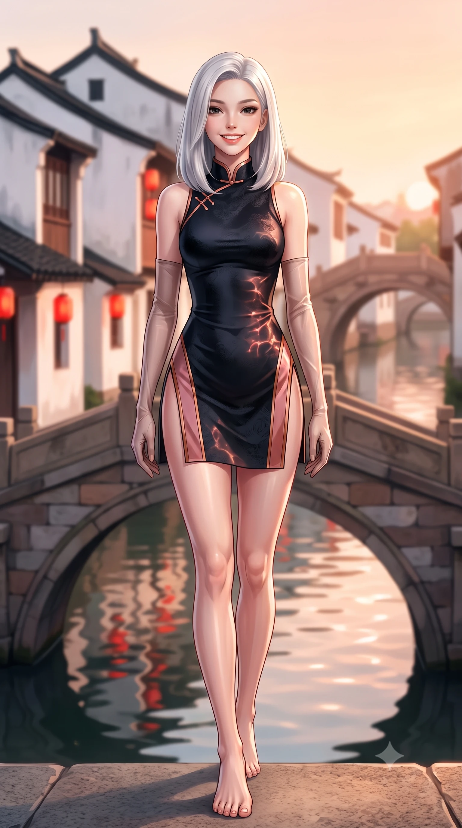 score_9, masterpiece, best quality, ultra-detailed, high-budget anime keyframe, semi-realistic 3D game render, editorial fashion photography, tasteful artistic composition, Korean woman. low angle full-body shot from head to toe showing her feet, filling the entire 9:16 vertical frame with her statuesque presence, stretching her vertical silhouette. stepping forward gracefully across the stone bridge in mid-motion with a radiant beaming smile, hips swaying in an alluring kinetic rhythm that accentuates her curvy hourglass silhouette and long slender legs while twisting her slender torso in an alluring S-curve, red lantern reflections and water caustics rippling across her narrow waist and curvy hips. The background shows a soft-focus whitewashed canal houses with black-tiled gables and arched stone packhorse bridges blurred into peach, terracotta, and water-reflection bokeh. She has an absolutely perfect, statuesque 8.5-heads proportion, an exceptionally tall and slender model-like female figure with impossibly long slender legs, an ultra-slim waist, a flat toned midriff, narrow delicate ribcage, and beautifully sculpted feminine hips creating a graceful, slim hourglass silhouette without any bulky heaviness. sharp v-shaped jawline, high-bridge nose, intricate jewel-like dark sparkling almond eyes with depth, thick lashes, glossy parted lips with a natural rose-plum sheen, bright alluring and coquettish smile with bedroom-eyes, exuding both timeless oriental elegance and sovereign high-fashion allure, flawlessly proportioned anatomical accuracy, strict slender model proportions, natural body alignment, perfectly sculpted long slender limbs, ultra-slim waistline, clean dynamic posture without body distortion. wearing a form-contouring high-neck modern cheongsam mini dress in midnight black jacquard silk with daring double side hip slits in dusty rose pink and burnished copper, tailored from fine crisp cotton-linen with clean structural lines, complemented by delicate sheer silk fingerless gloves reaching past her elbows, the form-fitting tailored bodice adhering flawlessly to her sculpted flat midriff and slender torso, emphasizing her long leg lines and perfectly proportioned willowy build. bathed in warm late-afternoon golden hour light reflecting off whitewashed walls and calm waters. highly saturated vibrant anime colors, detailed shading with soft gradients, rich glossy textures, high-contrast stereoscopic depth, volumetric dynamic lighting, master piece, 9:16 ratio