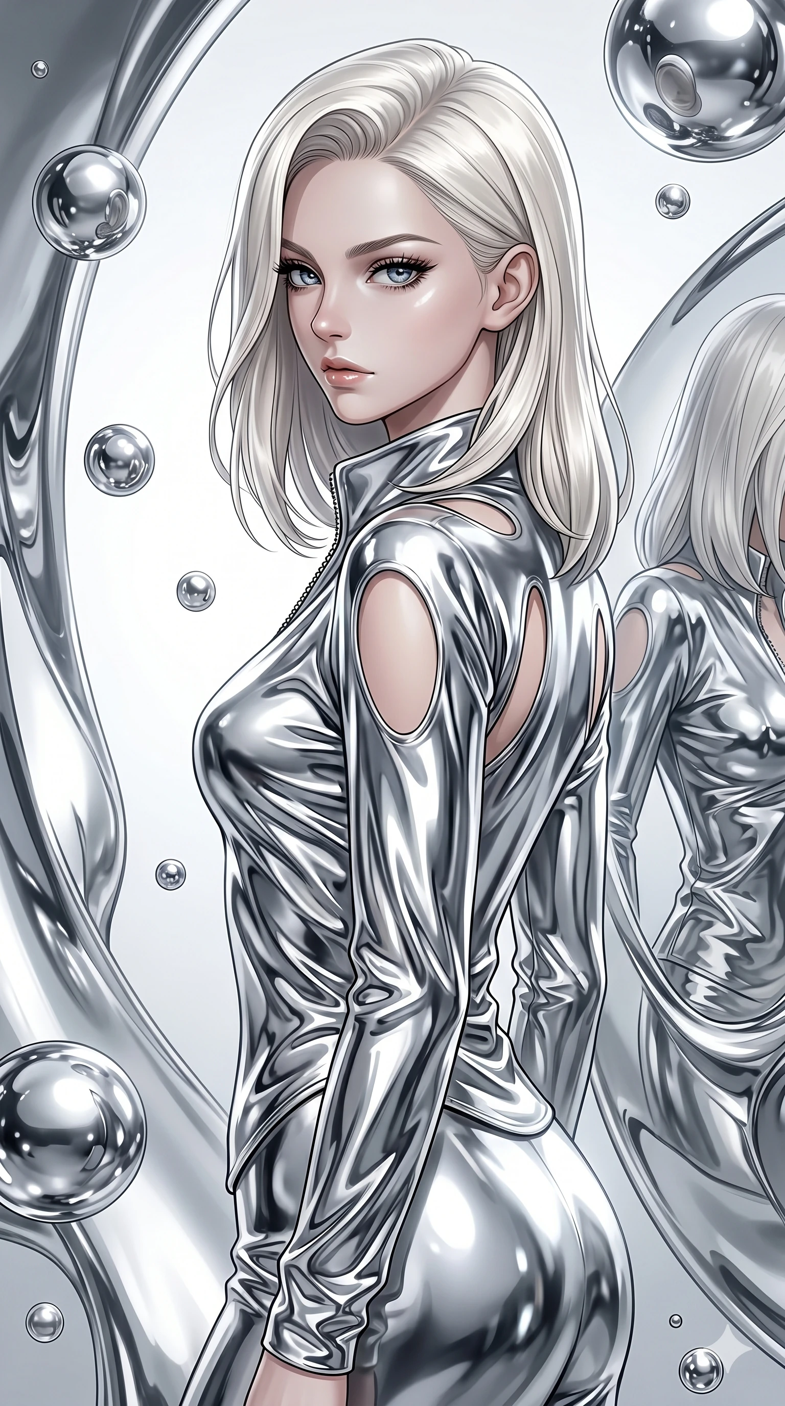 score_9, masterpiece, best quality, ultra-detailed, high-budget anime keyframe, Caucasian woman, strictly human ears. Upper body close-up from the thighs up, character filling the screen for maximum presence. She is surrounded by floating mercury droplets and curved abstract mirrors that warp space. She strikes a striking fashion pose, looking over her shoulder with glossy, natural lips. She has an absolutely perfect 8-heads proportion, an exceptionally tall and slender female figure with impossibly long slender legs and an ultra-slim waist. V-shaped jawline, high-bridge nose, intricate jewel-like eyes with depth, thick eyelashes, glossy lips with a natural sheen. She is wearing a form-fitting top made of molten liquid-mercury fabric that clings to her curves, with strategic tear-drop shoulder cutouts and a dangerously unzipped front collar. The scene is bathed in highly reflective silver highlights and a stark white side studio light. 2k, ultra detail, master piece, 9:16 ratio