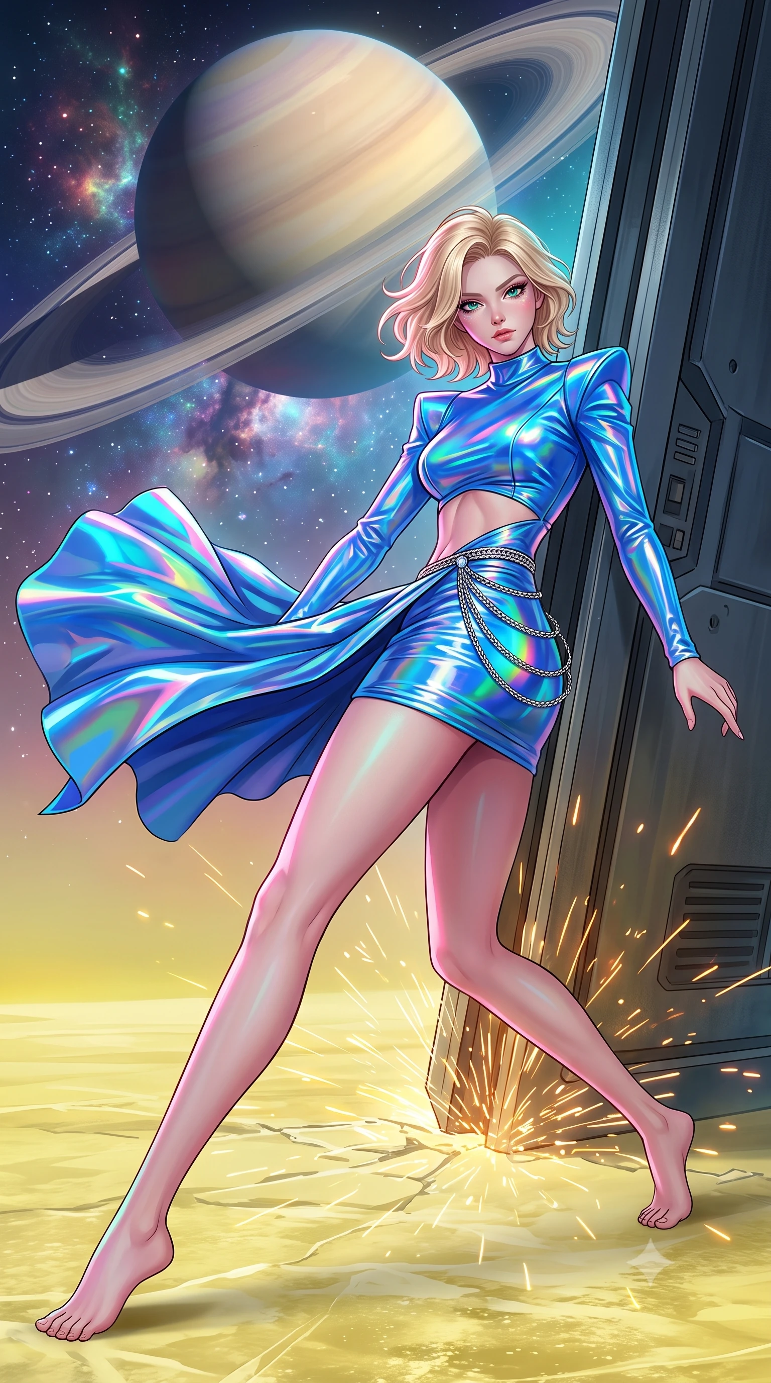 score_9, masterpiece, best quality, ultra-detailed, high-budget anime keyframe, editorial fashion photography, tasteful artistic composition, Caucasian woman, strictly human ears. low angle full-body shot from head to toe showing her feet, filling the entire 9:16 vertical frame with her statuesque presence, stretching her vertical silhouette. sliding underneath a closing blast door in a sleek combat stance with sparks flying around her inside a plane of yellow ammonia ice under a sky dominated by a giant gas planet with prominent rings. She has a statuesque 8.5-heads proportion, an exceptionally tall, slender and willowy model-like build with impossibly long legs and a highly sculpted ultra-slim waist. sharp v-shaped jawline, high-bridge nose, intricate jewel-like eyes with depth, thick eyelashes, glossy lips with a natural sheen. wearing the lightweight fabric rippling and billowing dramatically with her movement, a tailored holographic mini dress in electric blue, featuring structured shoulder pads, an exposed midriff, and a silver waist chain. highly saturated vibrant anime colors, intense vivid color palette, soft 3D volumetric shading, volumetric dynamic lighting, starlight and nebula glow casting soft cosmic pink and cyan highlights on her form. 2k, ultra detail, master piece, 9:16 ratio