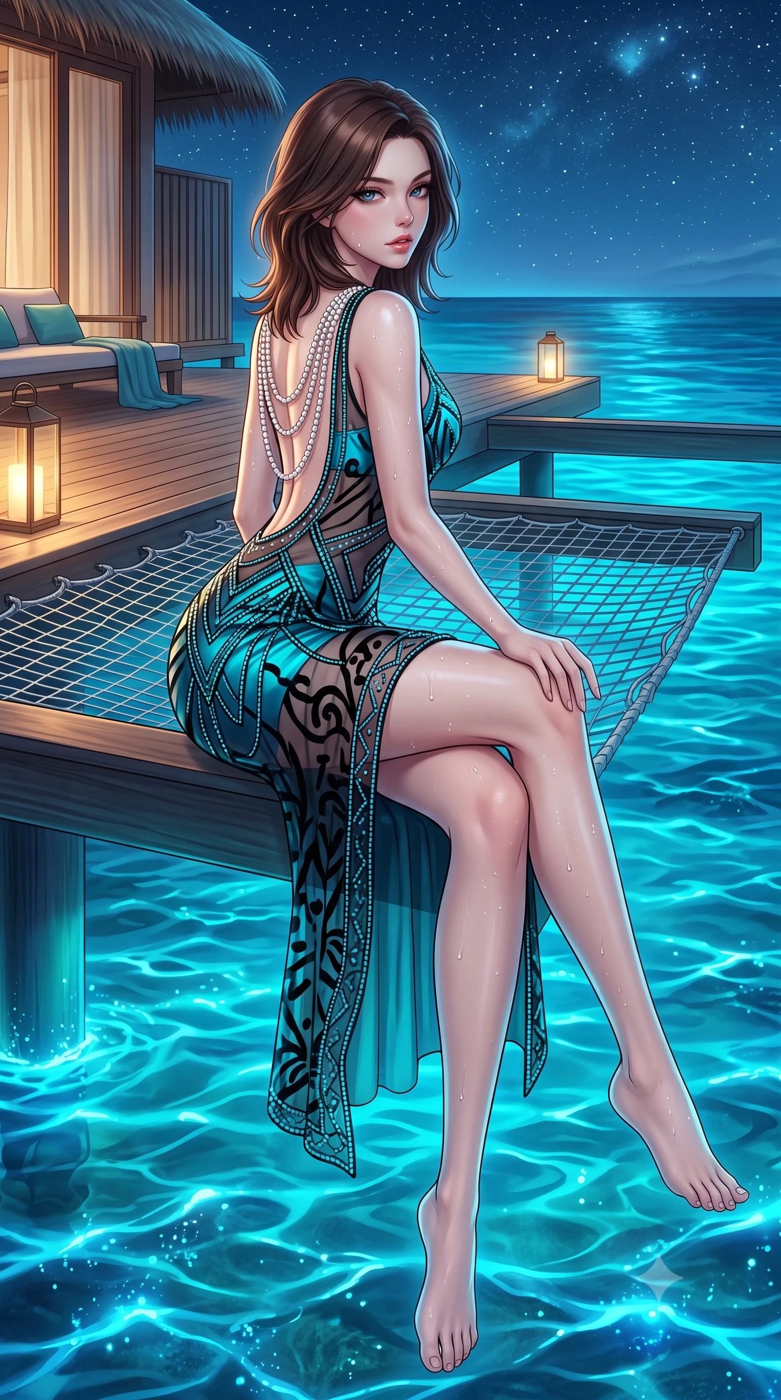 score_9, masterpiece, best quality, ultra-detailed, high-budget anime keyframe, semi-realistic 3D game render, editorial fashion photography, tasteful artistic composition, Korean woman. low angle full-body shot from head to toe showing her feet, filling the entire 9:16 vertical frame with her statuesque presence, stretching her vertical silhouette. sitting perched on the elevated edge with hips angled toward the camera and legs crossed, displaying her toned midriff and flawlessly sculpted slender limbs while reclining across the suspended overwater net hammock hovering inches above glowing blue bioluminescent waves, arching her spine with seductive tropical grace. The surrounding environment is rendered in vivid detail and crisp panoramic clarity. detailed swimwear fabric sheen, water droplet beads on skin, and starlit sky clarity in high resolution. She has an exceptionally tall and slender model-like 8.5-heads proportion, an ultra-slim waist, a flat toned midriff, narrow delicate ribcage, and beautifully sculpted feminine hips creating a graceful, slim hourglass silhouette without any bulky heaviness, with impossibly long slender legs. sharp v-shaped jawline, high-bridge nose, intricate jewel-like eyes with depth, thick eyelashes, glossy parted lips with a natural sheen, intensely captivating and seductive bedroom-eyes expression, flawlessly proportioned anatomical accuracy, strict slender model proportions, natural body alignment, perfectly sculpted long slender limbs, ultra-slim waistline, clean dynamic posture without body distortion. wearing a sheer vintage mesh flapper dress adorned with intricate geometric beadwork over an opaque silk slip in neon electric cyan and lacquer black, made of sheer contouring power-mesh with velvet flocking patterns, accented with a multi-strand pearl back necklace cascading down her bare spine to her hips, the dramatically scooped open back descending to the base of her spine, accentuating her razor-sharp statuesque lines and slim hourglass silhouette. bathed in ethereal turquoise bioluminescent uplights from the water below and soft warm villa deck lanterns. highly saturated vibrant anime colors, detailed shading with soft gradients, rich glossy textures, high-contrast stereoscopic depth, volumetric dynamic lighting, master piece, 9:16 ratio