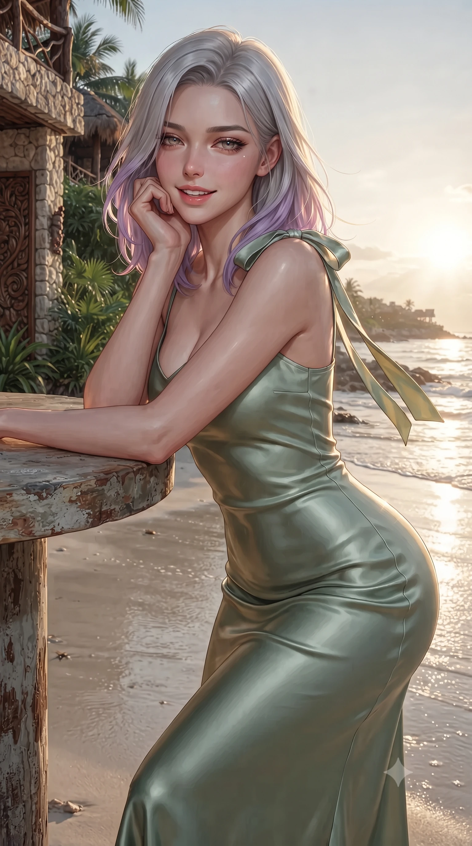 score_9, masterpiece, best quality, ultra-detailed, high-budget anime keyframe, editorial fashion photography, tasteful artistic composition, Caucasian woman. close-up cowboy shot from the waist and thighs up, the character dominates the composition, filling the frame with her large presence. resting one elbow on the table and supporting her chin, leaning close to the camera with heavy-lidded sparkling eyes and parted lips while twisting her slender torso in an alluring contrapposto stance on the shoreline, low midnight sunbeams tracing her flat midriff and curves. The surrounding environment is rendered in vivid detail and crisp panoramic clarity: detailed outfit texture, bodycon cling, and eco-luxury architectural craft in razor-sharp precision. She has an exceptionally elegant, slender, and willowy female figure with an ultra-slim waist, flat toned midriff, narrow ribcage, and sculpted feminine hips creating an alluring, slim hourglass silhouette without bulk. sharp v-shaped jawline, high-bridge nose, intricate jewel-like sparkling eyes with depth, thick eyelashes, glossy parted lips with a natural peach sheen, bright cheerful beaming smile with an enchanting and coquettish sensual glint, exuding both youthful cute charm and seductive allure, flawlessly proportioned anatomical accuracy, strict slender model proportions, natural body alignment, perfectly sculpted long slender limbs, ultra-slim waistline, clean dynamic posture without body distortion. wearing a sculpted liquid satin bias-cut slip dress tailored with contouring seams that adhere flawlessly over her feminine hips in Tulum jungle agave sage and copal resin gold, crafted from fluid liquid silk satin that clings smoothly to her narrow waist and rounded hips with a dewy sheen, finished with satin ribbon ties at the shoulders fluttering in the gentle breeze, the second-skin tailored fabric adhering flawlessly to her sculpted flat midriff and slender torso, emphasizing her long leg lines and perfectly proportioned willowy build. illuminated by wet sand reflection sheen and sharp platinum-gold rim lights sculpting her jawline, narrow waist, and curvy hips. ultra-reflective glossy finish, specular highlights, rich textural contrasts, high-contrast stereoscopic depth, volumetric dynamic lighting, 2k, ultra detail, master piece, 9:16 ratio