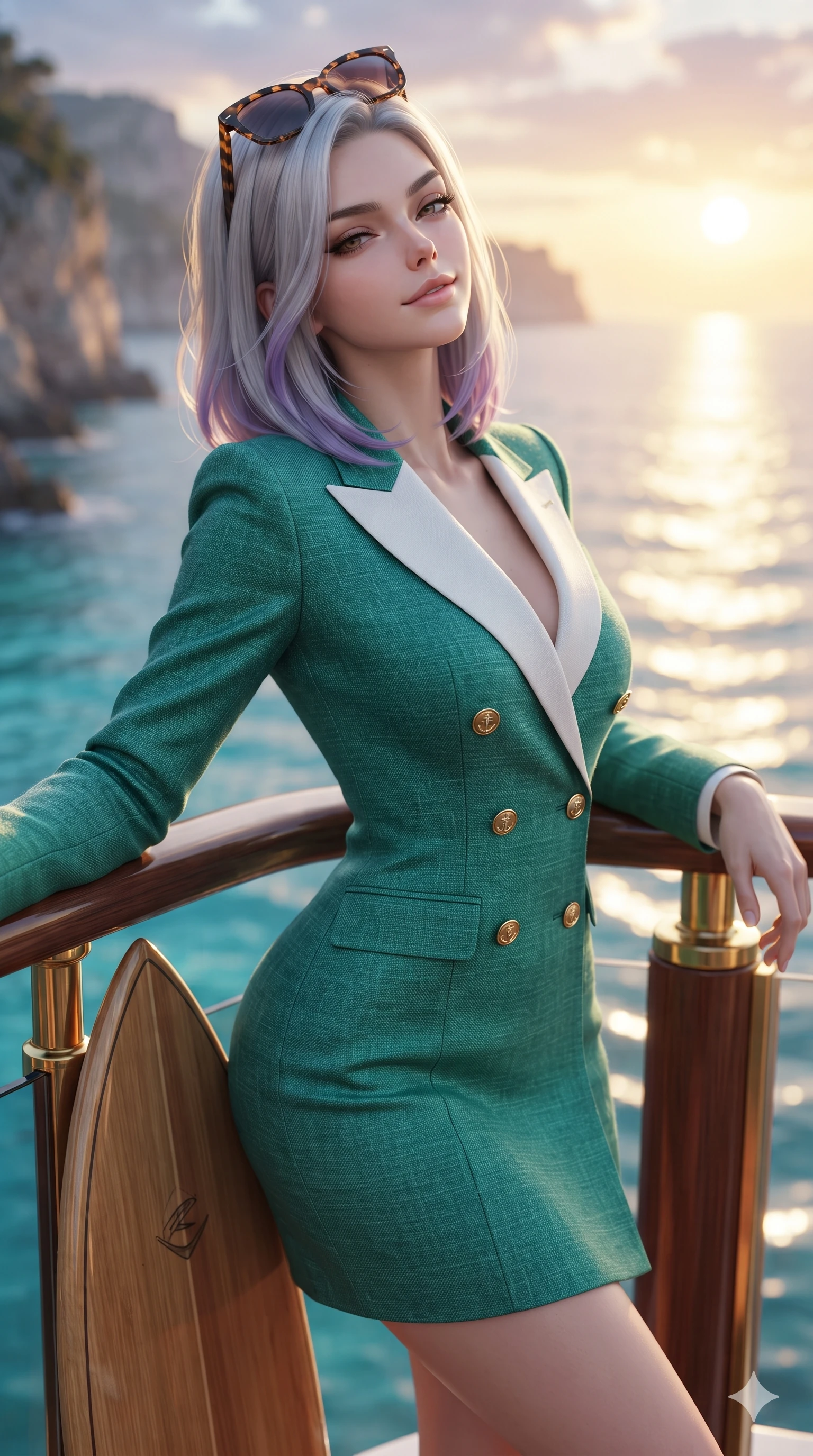 score_9, masterpiece, best quality, ultra-detailed, high-budget anime keyframe, editorial fashion photography, tasteful artistic composition, Caucasian woman. close-up cowboy shot from the waist and thighs up, the character dominates the composition, filling the frame with her large presence. leaning back against the balustrade with relaxed seductive grace, head tilted back slightly while casting a hypnotic, heavy-lidded gaze while standing poised in the mirror-smooth azure shallows beside the propped surfboard, arching her lower back with sovereign supermodel grace as the golden sunset blazes across the sea. The background shows a soft-focus crystalline azure shallows, dramatic coastal sea cliffs, and molten gold evening clouds blurred into turquoise, honey, and lavender bokeh. She has an exceptionally elegant, slender, and willowy female figure with an ultra-slim waist, flat toned midriff, narrow ribcage, and sculpted feminine hips creating an alluring, slim hourglass silhouette without bulk. sharp v-shaped jawline, high-bridge nose, sparkling eyes with hypnotic seductive depth, thick curled eyelashes, glossy parted lips with a natural dewy peach sheen, alluring bedroom-eyes with an enchanting coquettish smile, exuding magnetic siren charisma and sophisticated glamour, flawlessly proportioned anatomical accuracy, strict slender model proportions, natural body alignment, perfectly sculpted long slender limbs, ultra-slim waistline, clean dynamic posture without body distortion. wearing a tailored double-breasted nautical yachting blazer dress with gold anchor crest buttons and crisp white lapels in emerald sea green and polished titanium, woven from bespoke sun-bleached selvedge linen with rich tactile slub texture, complemented by oversized designer tortoiseshell sunglasses resting atop her head, the impeccably tailored cut draping gracefully along her slender figure with aristocratic resort poise. bathed in molten golden hour sunset light washing horizontally across the ocean surface with blinding specular highlights. ultra-reflective glossy finish, specular highlights, rich textural contrasts, high-contrast stereoscopic depth, volumetric dynamic lighting, 2k, ultra detail, master piece, 9:16 ratio