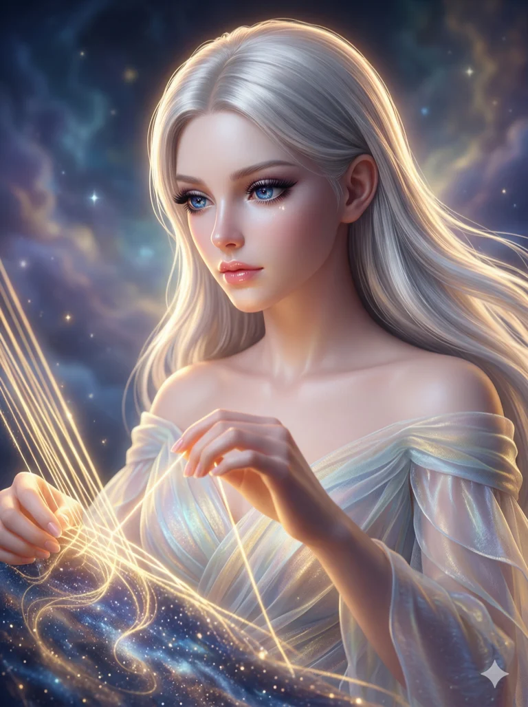 score_9, masterpiece, best quality, ultra-detailed, stylized game character render, an incredibly beautiful ethereal Caucasian woman with flawless pale skin (strictly human ears). Close-up portrait filling more than half of the frame. She is a weaver of dreams, her fingers threading glowing golden silk into a tapestry of stars. She has an absolutely perfect 8-heads proportion, an exceptionally tall female figure with a delicate skinny figure. Her face is a highly detailed masterpiece featuring a v-shaped jawline, high-bridge nose, intricate jewel-like eyes, thick eyelashes, and glossy lips. She has silver flowing hair like a waterfall of light. She is wearing an off-shoulder sheer fabric gown, highlighting her alluring silhouette. Dreamy clouds and golden light, dramatic rim lighting, radiant glowing skin, cinematic dynamic light, 2k, ultra detail, master piece, 3:4 ratio