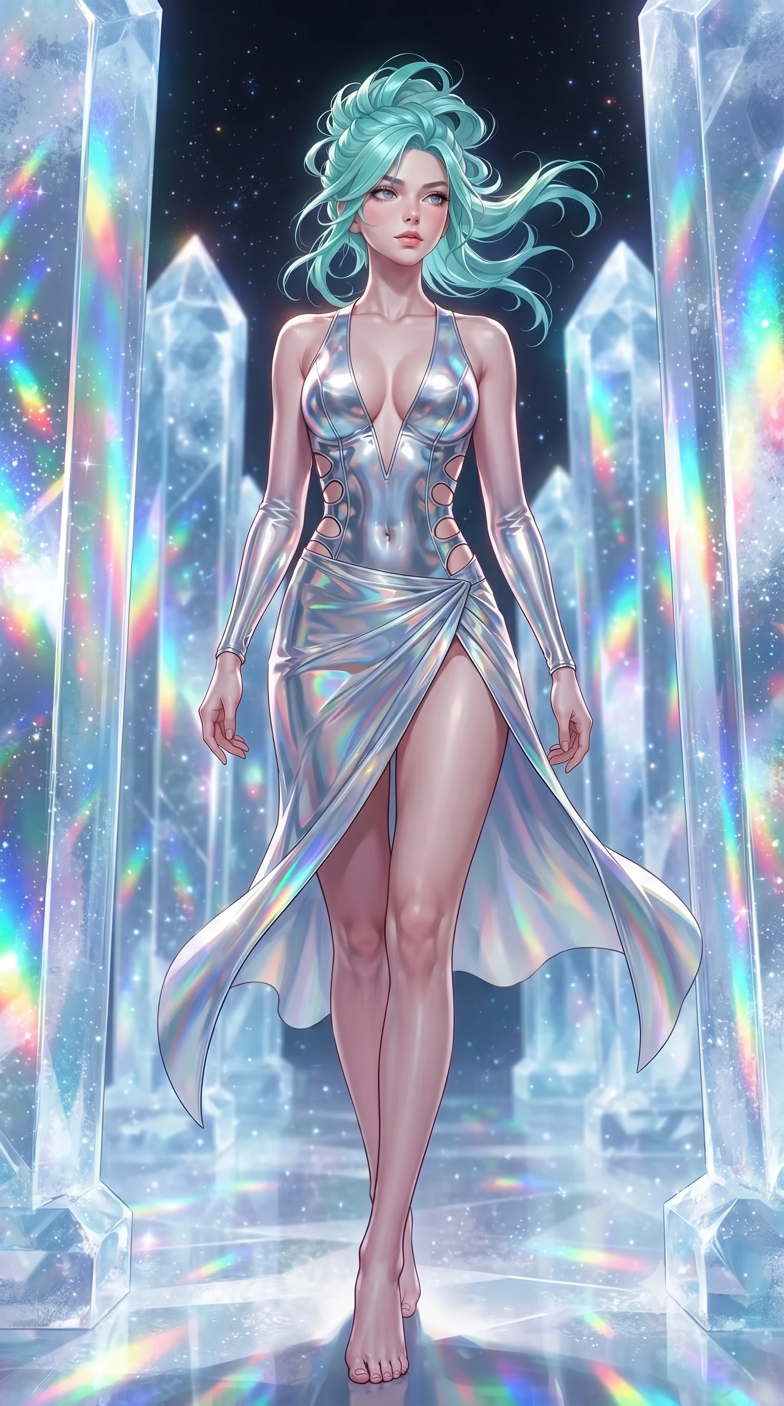 score_9, masterpiece, best quality, ultra-detailed, high-budget anime keyframe, editorial fashion photography, tasteful artistic composition, Japanese woman. low angle full-body shot from head to toe showing her feet, filling the entire 9:16 vertical frame with her statuesque presence, stretching her vertical silhouette. stepping gracefully through floating stardust particles, her body-contouring suit showing her athletic, slender silhouette, the background shows a soft-focus an ice column corridor reflecting starlight like a giant mirror maze. She has an absolutely perfect, statuesque 8.5-heads proportion, an exceptionally tall and slender model-like female figure with impossibly long slender legs and an ultra-slim waist. sharp v-shaped jawline, high-bridge nose, intricate jewel-like eyes with depth, thick eyelashes, glossy lips with a natural sheen. wearing a body-hugging deep plunging-V neck bodycon armor top, featuring keyhole cutouts along the ribs and a thigh-slit wrap skirt. dazzling rainbow prismatic light refracting through ice crystal pillars. ultra-reflective glossy finish, specular highlights, metallic sheen, high-contrast stereoscopic depth, volumetric dynamic lighting, 2k, ultra detail, master piece, 9:16 ratio