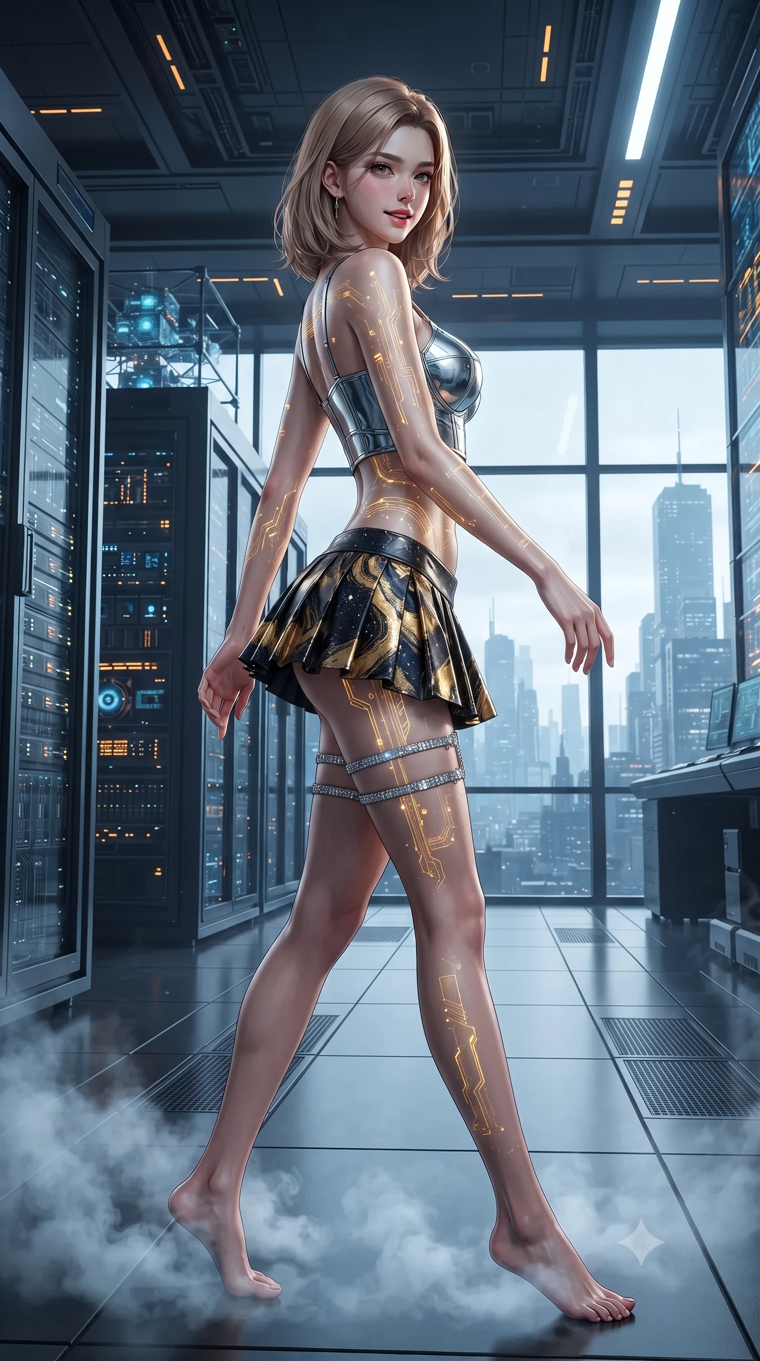 score_9, masterpiece, best quality, ultra-detailed, high-budget anime keyframe, editorial fashion photography, tasteful artistic composition, Korean woman. low angle full-body shot from head to toe showing her feet, filling the entire 9:16 vertical frame with her statuesque presence, stretching her vertical silhouette. walking along the terrace with poise, looking back over her bare shoulder with an irresistible smoldering bedroom-gaze while twisting her slender torso in an alluring S-curve as cool nitrogen coolant vapors swirl around her ankles, golden data pulses highlighting her curves and flat midriff. The surrounding environment is rendered in vivid detail and crisp panoramic clarity: detailed outfit texture, bodycon fit, and monumental high-tech computer architecture in high resolution. She has an exceptionally tall and slender model-like 8.5-heads proportion, an ultra-slim waist, a flat toned midriff, narrow delicate ribcage, and beautifully sculpted feminine hips creating a graceful, slim hourglass silhouette without any bulky heaviness, with impossibly long slender legs. sharp v-shaped jawline, high-bridge nose, intricate jewel-like sparkling eyes with depth, thick eyelashes, glossy parted lips with a natural peach sheen, bright cheerful beaming smile with an enchanting and coquettish sensual glint, exuding both youthful cute charm and seductive allure, flawlessly proportioned anatomical accuracy, strict slender model proportions, natural body alignment, perfectly sculpted long slender limbs, ultra-slim waistline, clean dynamic posture without body distortion. wearing a chrome-plated structured underwire bustier top paired with an ultra-short low-rise pleated micro mini skirt in singularity accretion gold and deep space void black, crafted from fluid liquid silk satin that clings smoothly to her narrow waist and rounded hips with a dewy sheen, finished with delicate crystal-encrusted thigh garter straps glinting in the dim light, the bespoke structured tailoring following the natural line of her 8.5-heads silhouette with refined elegance. bathed in cold 6500K quantum laser arrays contrasted with warm amber status indicators. ultra-reflective glossy finish, specular highlights, rich textural contrasts, high-contrast stereoscopic depth, volumetric dynamic lighting, 2k, ultra detail, master piece, 9:16 ratio