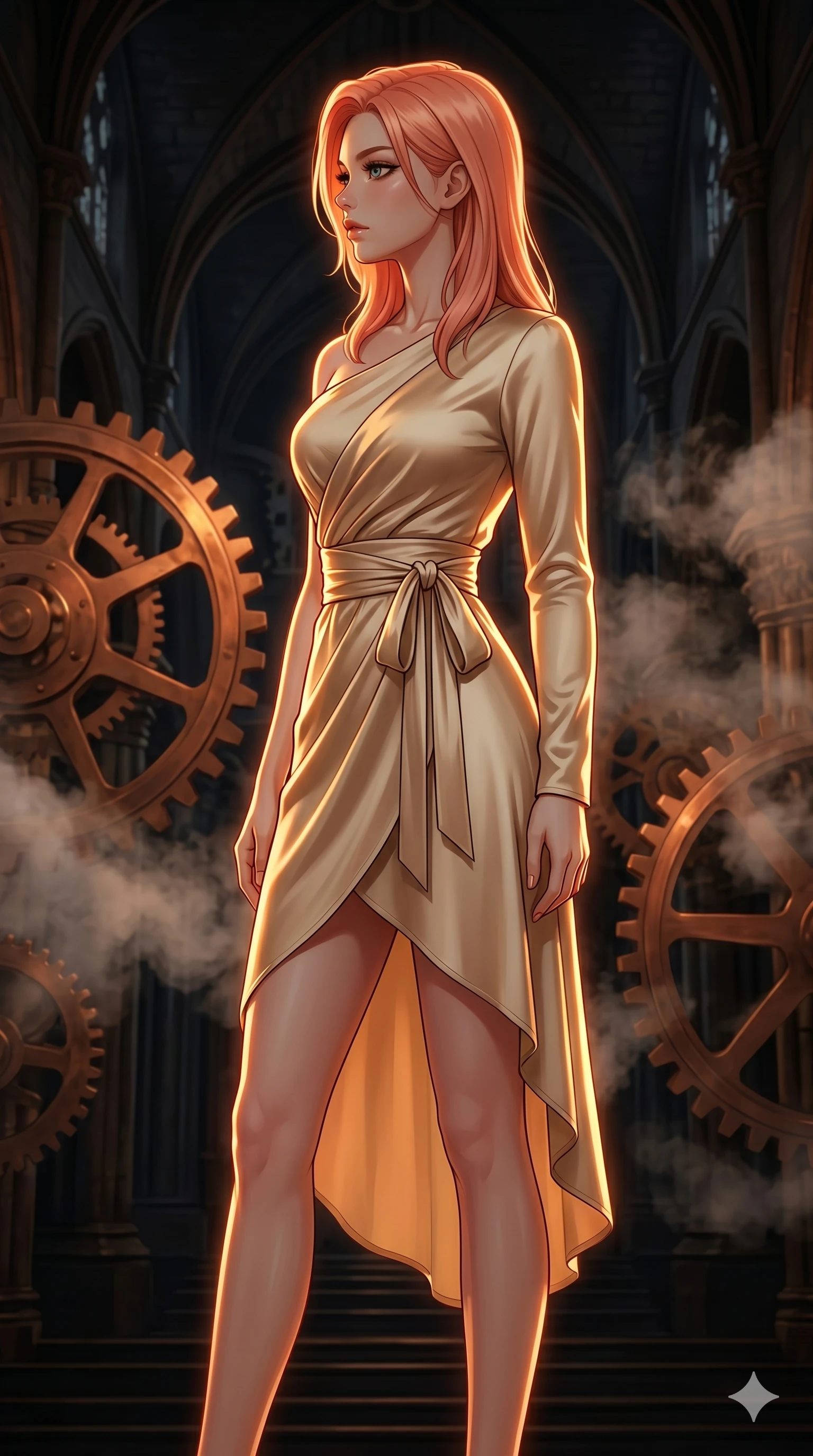score_9, masterpiece, best quality, ultra-detailed, high-budget anime keyframe, editorial fashion photography, tasteful artistic composition, Japanese woman. cowboy shot from the thighs up, character and outfit filling the frame for maximum editorial presence. Turning her face in sharp dramatic profile against the light inside an ancient clockwork cathedral where giant copper gears rotate amidst floating steam clouds. She has an absolutely perfect 8-heads proportion, an exceptionally tall and slender female figure with impossibly long slender legs and an ultra-slim waist. V-shaped jawline, high-bridge nose, intricate jewel-like eyes with depth, thick eyelashes, glossy lips with a natural sheen. wearing a champagne-gold asymmetric wrap dress in fluid satin with a single long sleeve, a sculpted collarbone line, and a self-tying sash that cinches the waist, falling to a high-low hemline. drenched in warm amber cinematic rim lighting that traces every contour of her silhouette against a dark background. 2k, ultra detail, master piece, 9:16 ratio