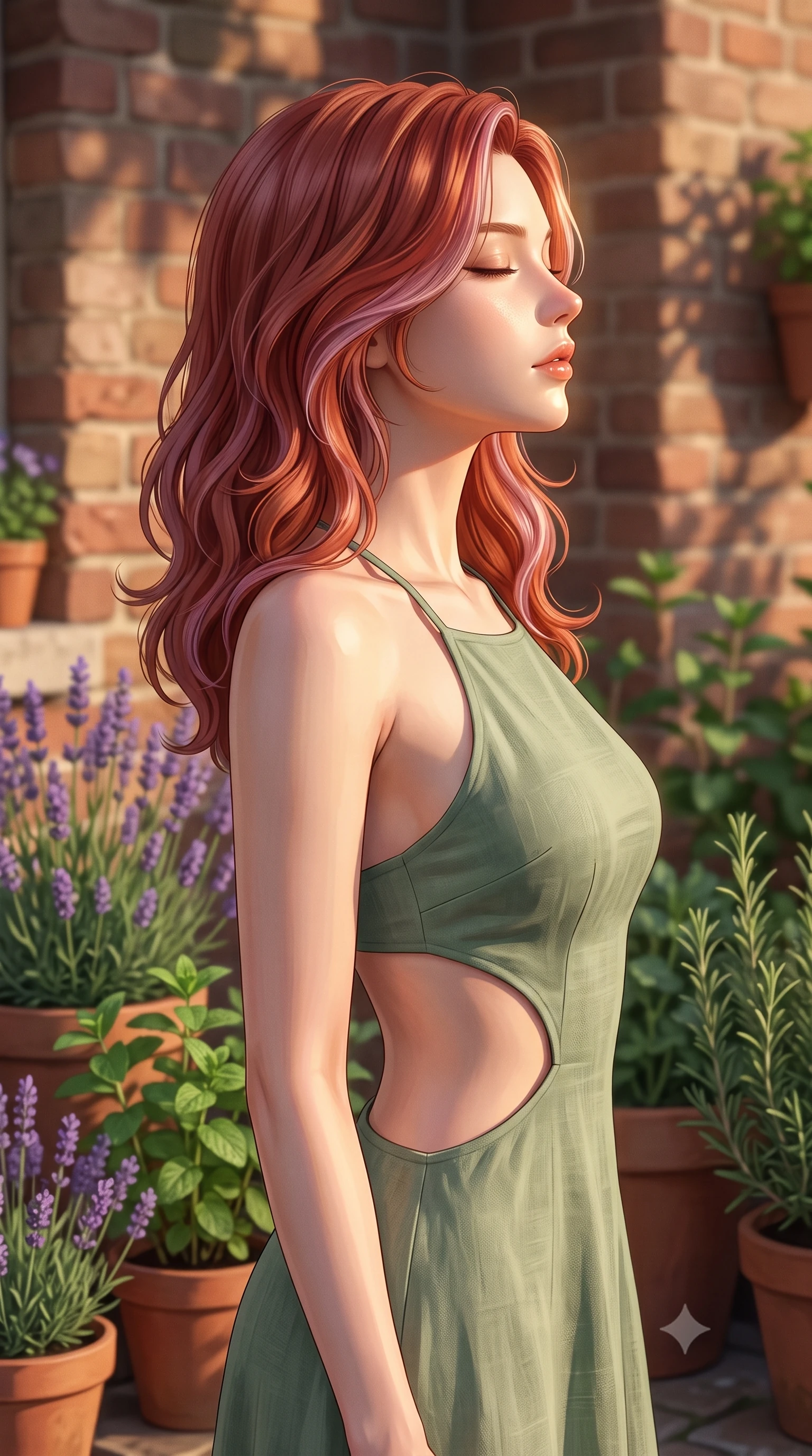 score_9, masterpiece, best quality, ultra-detailed, high-budget anime keyframe, editorial fashion photography, tasteful artistic composition, Caucasian woman woman. close-up cowboy shot from the waist and thighs up, the character dominates the composition, filling the frame with her large presence, background elements kept in soft focus. turning her face in profile to catch the warm sunlight on her cheek, eyes softly closed the background shows a soft-focus a small brick-walled garden filled with fresh lavender, mint, and rosemary pots. She has an exceptionally elegant, slender, and willowy female figure with an ultra-slim waist, a gracefully sculpted slender torso, and a refined silhouette. sharp v-shaped jawline, high-bridge nose, intricate jewel-like eyes with depth, thick eyelashes, glossy lips with a natural sheen. wearing a tailored summer sundress in sage green with a dramatic side cutout at the waist and thin halter straps. warm late afternoon sun casting long, gentle shadows on the brick wall. 2k, ultra detail, master piece, 9:16 ratio