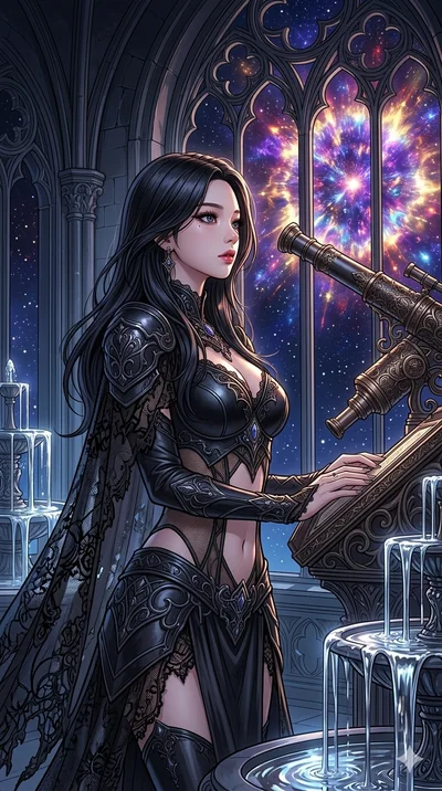 score_9, masterpiece, best quality, ultra-detailed, high-budget anime movie keyframe, cinematic anime lighting, intricate line art, Korean woman. Medium shot of upper body capturing the intricate details of her high-fashion attire. observing a supern