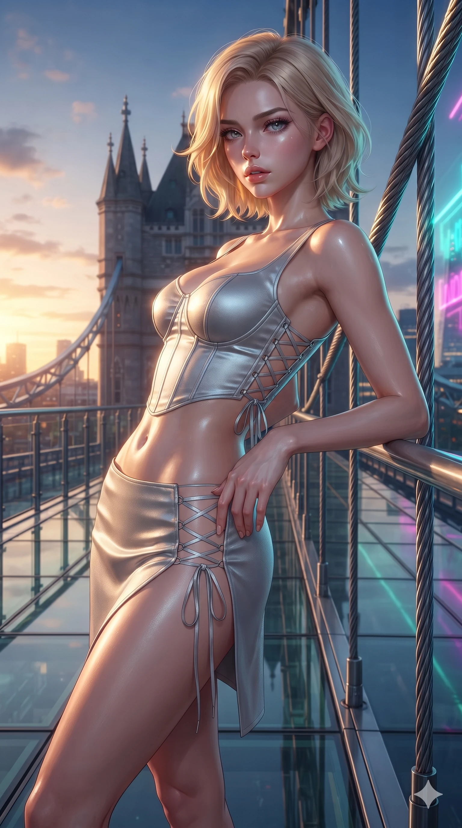 score_9, masterpiece, best quality, ultra-detailed, high-budget anime keyframe, editorial fashion photography, tasteful artistic composition, Caucasian woman. close-up cowboy shot from the waist and thighs up, the character dominates the composition, filling the frame with her large presence. arching her spine backward with effortless dancer poise, one hand sliding along her hip line as directional light carves specular highlights along her silhouette while leaning against the structural bridge cables with hips cocked back, gazing into the glittering twilight expanse with intoxicating bedroom-eyes. The surrounding environment is rendered in vivid detail and crisp panoramic clarity: sharp glass floor structural seams, polished steel cable tensioners, and crisp distant architectural spires in deep focus. She has an exceptionally elegant, slender, and willowy female figure with an ultra-slim waist, flat toned midriff, narrow ribcage, and sculpted feminine hips creating an alluring, slim hourglass silhouette without bulk. sharp v-shaped jawline, high-bridge nose, intricate jewel-like sparkling eyes with depth, thick eyelashes, glossy parted lips with a natural sheen, intensely captivating and seductive bedroom-eyes expression, exuding both youthful cute charm and sovereign luxury allure, flawlessly proportioned anatomical accuracy, strict slender model proportions, natural body alignment, perfectly sculpted long slender limbs, ultra-slim waistline, clean dynamic posture without body distortion. wearing a sculpted matte satin underwire crop corset with lace-up side ties paired with a low-rise micro skirt in shimmering silver mercury and pearl white, crafted from bespoke double-faced cashmere with an exceptionally soft tactile finish, featuring fine criss-cross lace-up side ties revealing tantalizing glimpses of her hip curve, the high-slit wrap tailoring accentuating her ultra-slim waistline and the enchanting curve of her feminine hips with alluring seductive charm. bathed in the dramatic dual twilight lighting: warm golden sunset rays from the classical west and cool vibrant neon from the futuristic east. ultra-reflective glossy finish, specular highlights, rich textural contrasts, high-contrast stereoscopic depth, volumetric dynamic lighting, 2k, ultra detail, master piece, 9:16 ratio