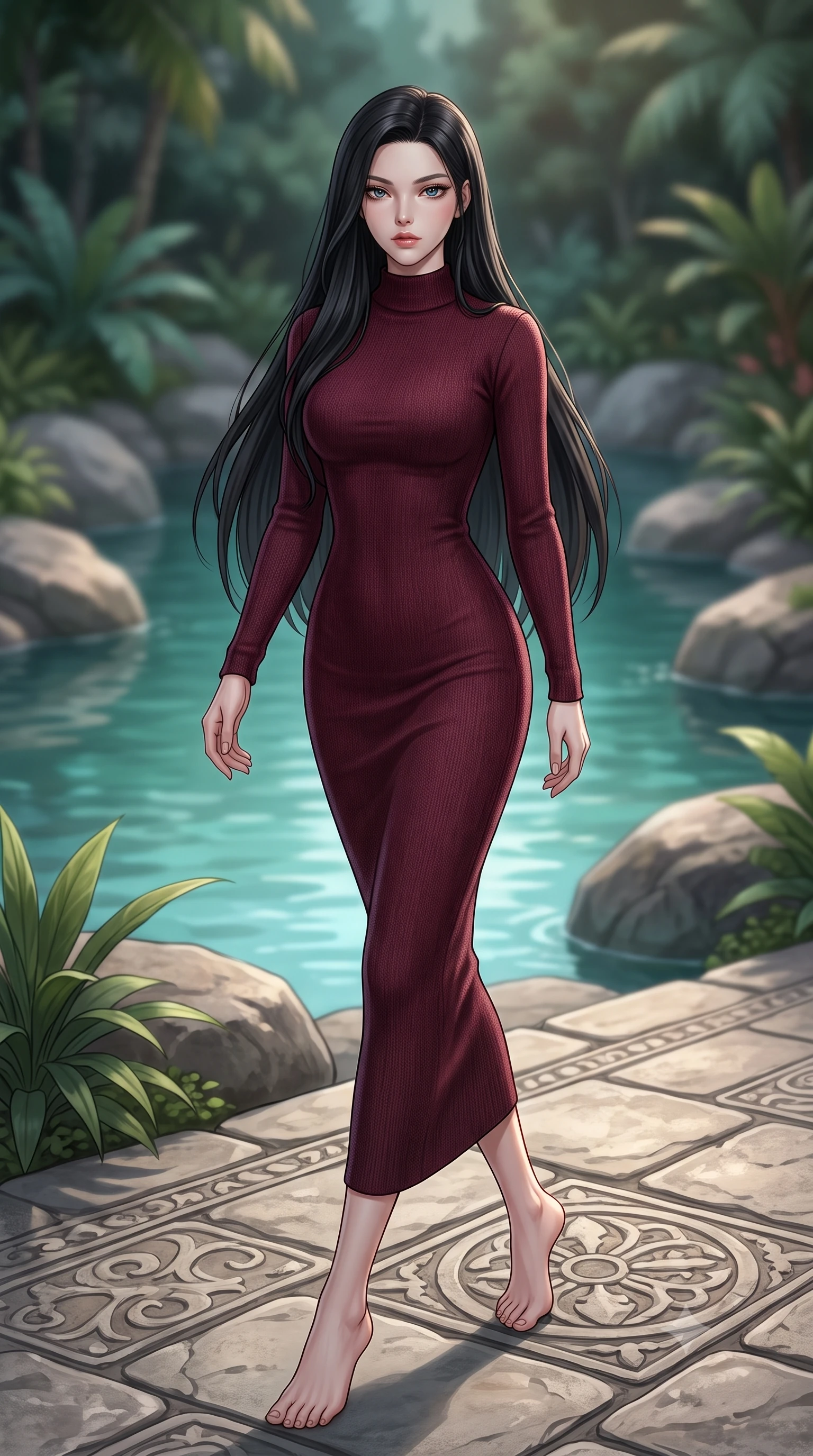 score_9, masterpiece, best quality, ultra-detailed, high-budget anime keyframe, editorial fashion photography, tasteful artistic composition, Korean woman woman. low angle full-body shot from head to toe showing her feet, filling the entire 9:16 vertical frame with her statuesque presence, stretching her vertical silhouette. stepping gracefully across a stone path in the garden the background shows a soft-focus the shore of a hidden calm lagoon surrounded by smooth boulders and tropical plants. She has an absolutely perfect, statuesque 8.5-heads proportion, an exceptionally tall and slender model-like female figure with impossibly long slender legs and an ultra-slim waist. sharp v-shaped jawline, high-bridge nose, intricate jewel-like eyes with depth, thick eyelashes, glossy lips with a natural sheen. wearing a slim-fit form-contouring bodycon sweater dress in deep burgundy, featuring a snug mock-neck. soft teal water-shine reflecting onto her skin and outfit. 2k, ultra detail, master piece, 9:16 ratio