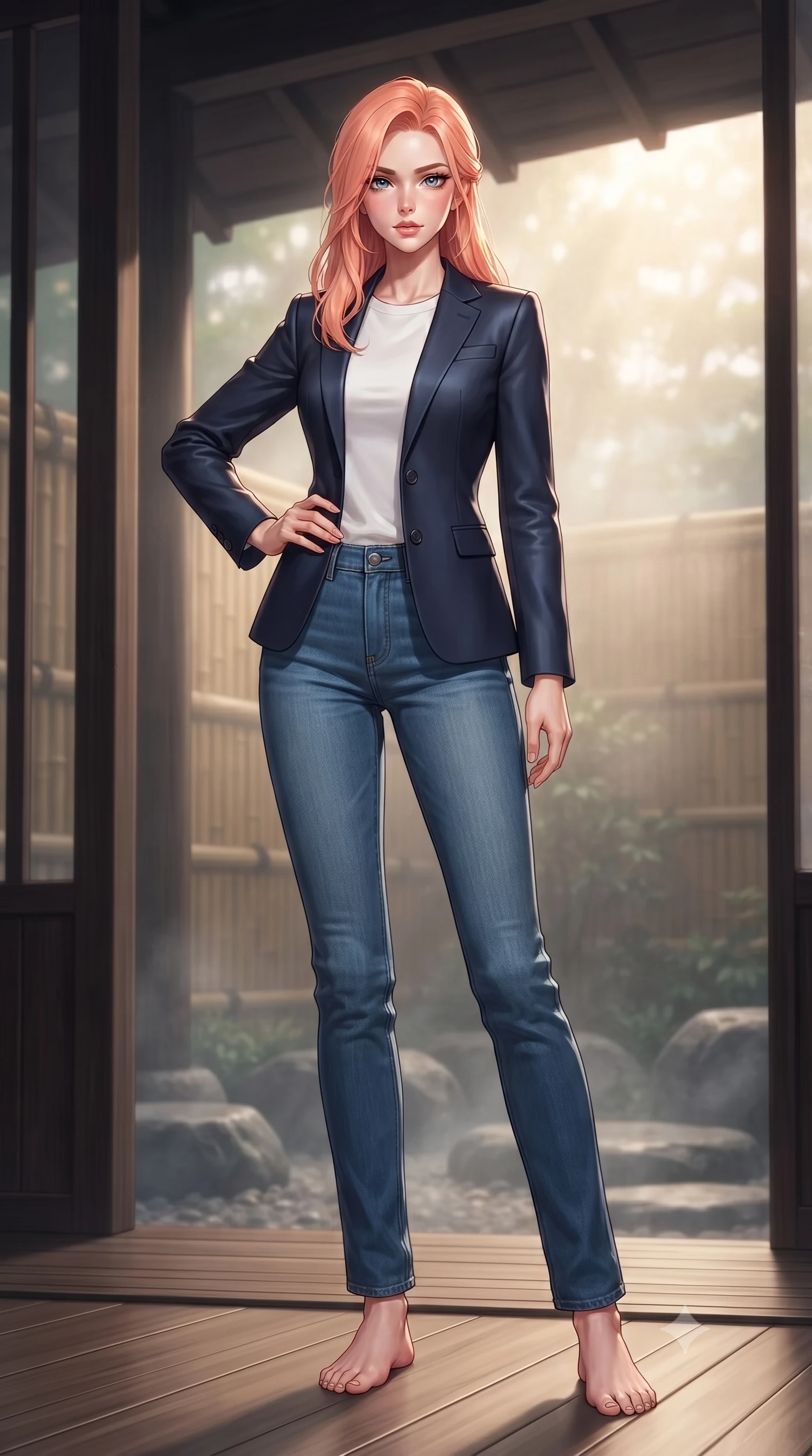 score_9, masterpiece, best quality, ultra-detailed, high-budget anime keyframe, editorial fashion photography, tasteful artistic composition, Japanese woman. low angle full-body shot from head to toe showing her feet, filling the entire 9:16 vertical frame with her statuesque presence, stretching her vertical silhouette. posing confidently with one hand on her hip, stretching her statuesque body to emphasize her curves the background shows a soft-focus a cozy hot spring veranda with dark cedar wood partitions and bamboo fences. She has an absolutely perfect, statuesque 8.5-heads proportion, an exceptionally tall and slender model-like female figure with impossibly long slender legs and an ultra-slim waist. sharp v-shaped jawline, high-bridge nose, intricate jewel-like eyes with depth, thick eyelashes, glossy lips with a natural sheen. wearing a slim-fit classic navy blue blazer over a white crewneck shirt and straight-leg blue jeans. soft morning mist diffusing the warm sunbeams, creating a tranquil atmosphere. ultra-reflective glossy finish, specular highlights, metallic sheen, high-contrast stereoscopic depth, volumetric dynamic lighting, 2k, ultra detail, master piece, 9:16 ratio