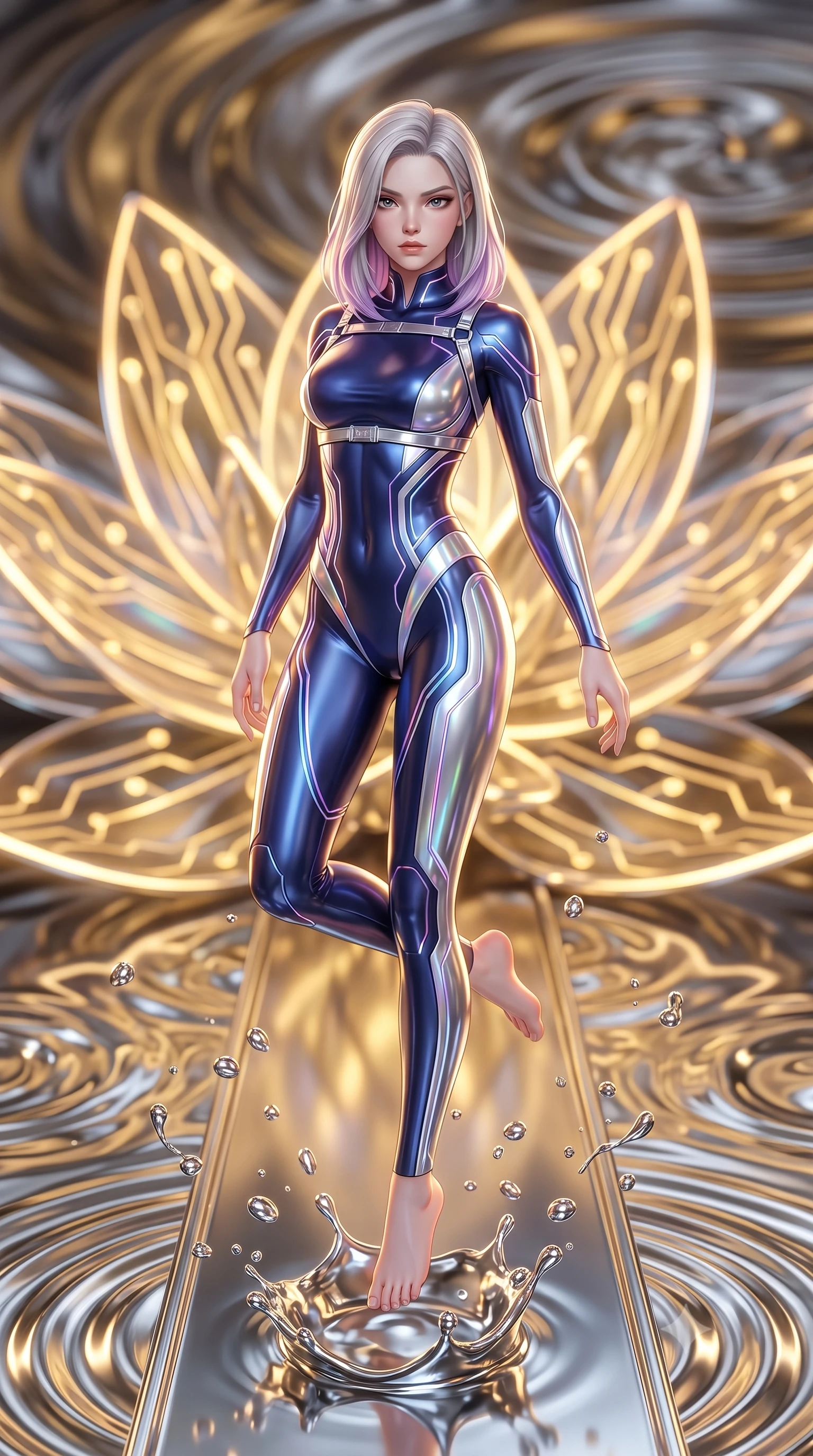 score_9, masterpiece, best quality, ultra-detailed, high-budget anime keyframe, semi-realistic 3D game render, editorial fashion photography, tasteful artistic composition, Caucasian woman. low angle full-body shot from head to toe showing her feet, filling the entire 9:16 vertical frame with her statuesque presence, stretching her vertical silhouette. performing an alluring mid-air vault with flawless poise, looking directly into the camera with regal, divine intensity while pivoting dynamically on a submerged chrome walkway as liquid mercury droplets splash like molten chrome beads in mid-air. The composition keeps background elements in soft focus with creamy bokeh. giant glowing circuit lotus petals and swirling mercury ripples blurred into rich golden and chrome bokeh. She has an absolutely perfect, statuesque 8.5-heads proportion, an exceptionally tall and slender model-like female figure with impossibly long slender legs, a toned flat midriff, and an ultra-slim waist. sharp v-shaped jawline, high-bridge nose, intricate jewel-like eyes with depth, thick eyelashes, glossy lips with a natural sheen, flawlessly proportioned anatomical accuracy, strict slender model proportions, natural body alignment, perfectly sculpted long slender limbs, ultra-slim waistline, clean dynamic posture without body distortion. wearing a statuesque midnight cobalt and polished platinum bodysuit featuring sleek aerodynamic contour lines and glowing circuit accents in iridescent holographic chrome with prism violet highlights, crafted from ultra-reflective second-skin liquid metal with a mirror-like polish, reinforced by a sleek metallic chrome harness and delicate glowing micro-straps, the form-contouring material adhering flawlessly to her sculpted flat midriff and slender torso, emphasizing her long leg lines and perfectly proportioned willowy build. bathed in warm golden circuit lotus uplights and glittering liquid mercury caustics. rich saturated anime colors with glowing neon highlights, detailed shading with soft gradients, rich glossy textures, high-contrast stereoscopic depth, volumetric dynamic lighting, master piece, 9:16 ratio