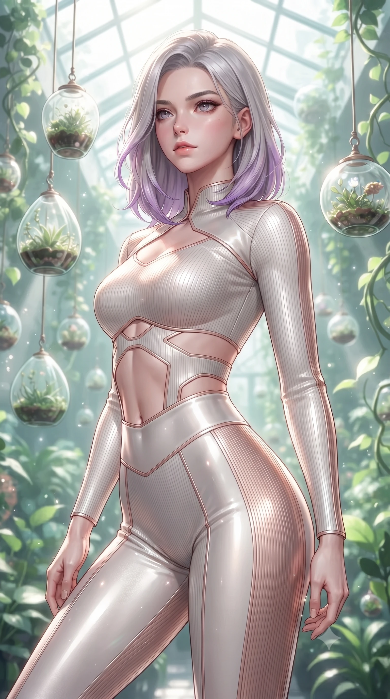 score_9, masterpiece, best quality, ultra-detailed, high-budget anime keyframe, editorial fashion photography, tasteful artistic composition, Caucasian woman. close-up cowboy shot from the waist and thighs up, the character dominates the composition, filling the frame with her large presence, background elements kept in soft focus. Gazing past the camera with an air of effortless elegance and mysterious confidence surrounded by floating glass terrariums and radiant biomorphic vines, intense volumetric sunbeams filtering through the glass ceiling. She has an exceptionally elegant, slender, and willowy female figure with an ultra-slim waist, a gracefully sculpted slender torso, and a refined silhouette. sharp v-shaped jawline, high-bridge nose, intricate jewel-like eyes with depth, thick eyelashes, glossy lips with a natural sheen. wearing a form-fitting ribbed activewear set with collar cutouts in pearl white and rose gold, formed from sleek second-skin neoprene, featuring subtle geometric cutouts that highlight her ultra-slim midriff, the sleek second-skin texture accentuating her magnetic presence. surrounded by a bright, airy ambiance with radiant white and green highlights. ultra-reflective glossy finish, specular highlights, metallic sheen, high-contrast stereoscopic depth, volumetric dynamic lighting, 2k, ultra detail, master piece, 9:16 ratio