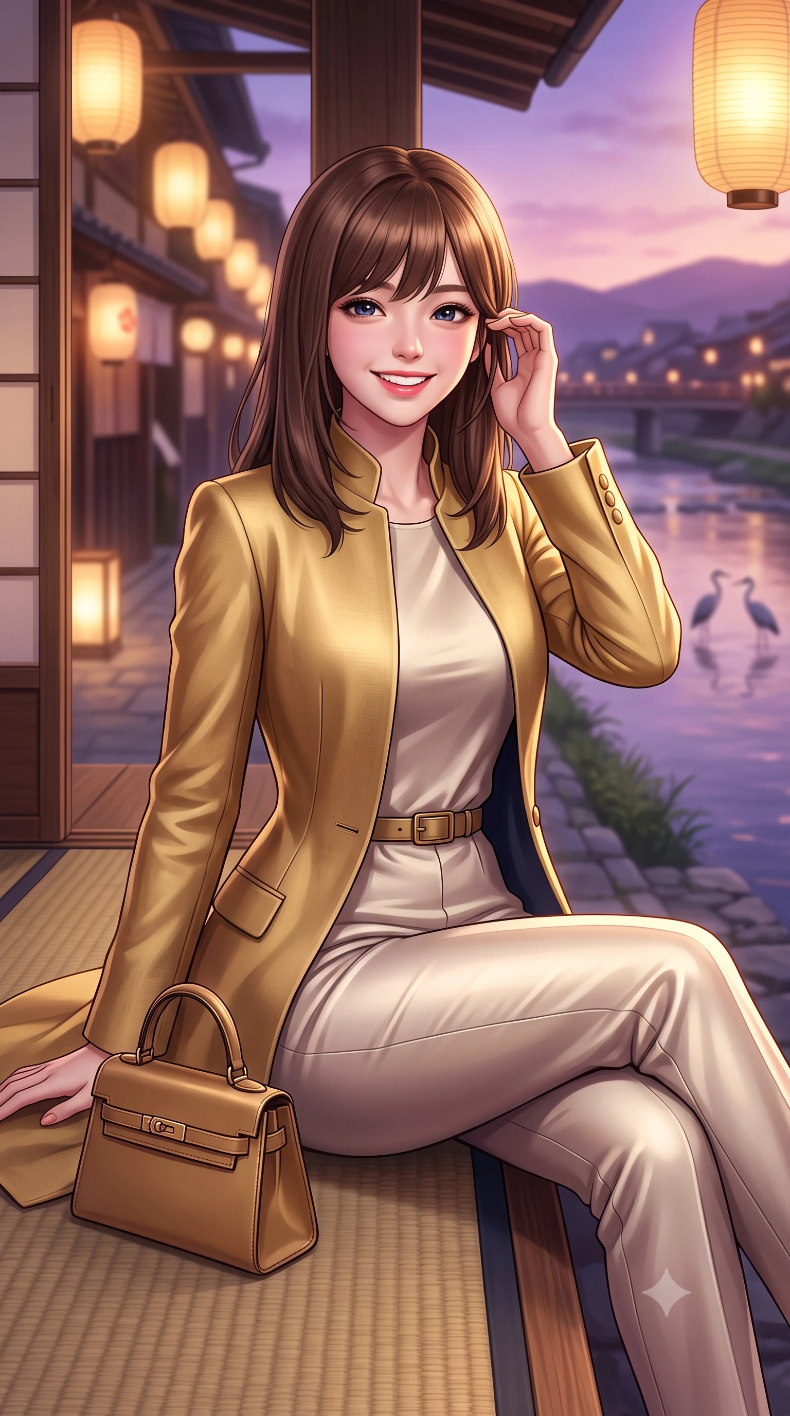 score_9, masterpiece, best quality, ultra-detailed, high-budget anime keyframe, semi-realistic 3D game render, editorial fashion photography, tasteful artistic composition, Korean woman. close-up cowboy shot from the waist and thighs up, the character dominates the composition, filling the frame with her large presence. gently brushing a lock of hair behind her ear with one hand while flashing a radiant, joyful smile while sitting gracefully on a tatami mat at the open veranda edge, watching herons wade in the Kamogawa river with tranquil charm. The background shows a soft-focus warm paper lanterns along Gion alleyways softened in romantic Kyoto dusk shallow focus. She has an exceptionally elegant, slender, and willowy female figure with an ultra-slim waist, flat toned midriff, narrow ribcage, and sculpted feminine hips creating an alluring, slim hourglass silhouette without bulk. sharp v-shaped jawline, high-bridge nose, intricate jewel-like sparkling eyes with depth, thick eyelashes, glossy parted lips with a natural peach sheen, bright cheerful beaming smile with an enchanting and coquettish sensual glint, exuding both youthful cute charm and seductive allure, flawlessly proportioned anatomical accuracy, strict slender model proportions, natural body alignment, perfectly sculpted long slender limbs, ultra-slim waistline, clean dynamic posture without body distortion. wearing a stand-collar tailored linen-silk coat layered over a minimalist silk tunic and straight-leg pressed trousers in Ginza vintage brass gold and midnight navy, crafted from fluid mulberry silk twill with an understated lustrous pearl finish, finished with a structured leather top-handle mini bag resting gracefully at her side, the structured cinched belt emphasizing her narrow waistline and gracefully balanced proportions with timeless haute-couture polish. bathed in the soft purple-gold twilight glow of autumn sunset over the Higashiyama mountains mixed with warm paper lantern lights. highly saturated vibrant anime colors, detailed shading with soft gradients, rich glossy textures, high-contrast stereoscopic depth, volumetric dynamic lighting, master piece, 9:16 ratio