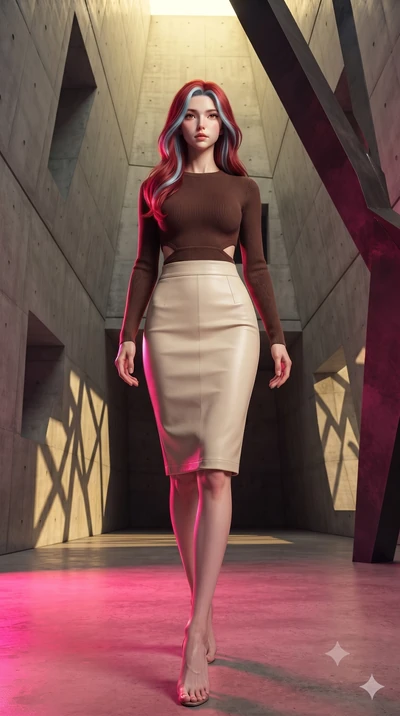 score_9, masterpiece, best quality, ultra-detailed, high-budget anime keyframe, editorial fashion photography, tasteful artistic composition, Caucasian woman, strictly human ears. low angle full-body shot from head to toe showing her feet, filling th