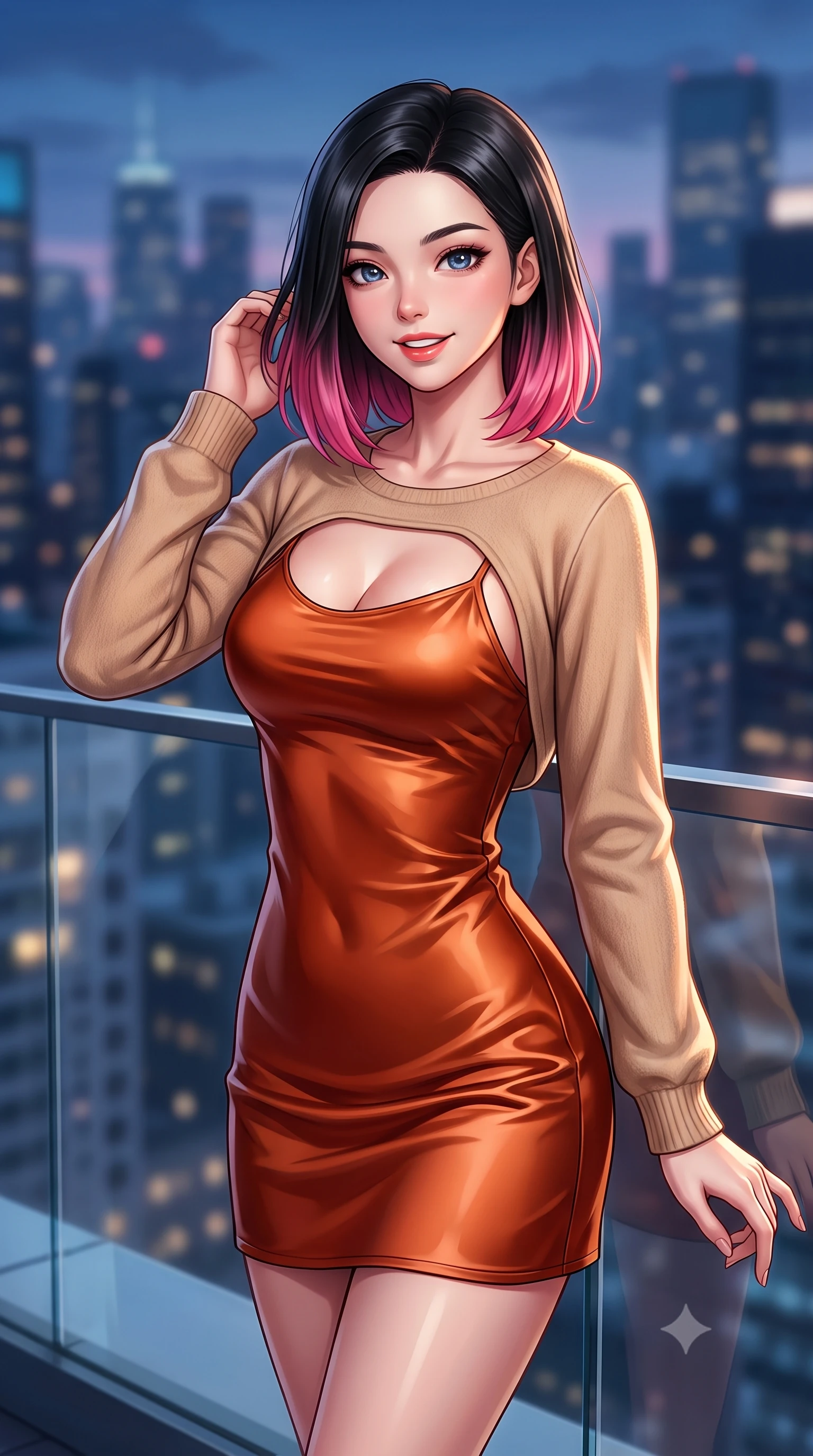 score_9, masterpiece, best quality, ultra-detailed, high-budget anime keyframe, editorial fashion photography, tasteful artistic composition, Korean woman. close-up cowboy shot from the waist and thighs up, the character dominates the composition, filling the frame with her large presence. Playful cute expression with a warm smile and parted lips, looking right into the camera with vibrant energy while pivoting dynamically near a glass railing with city skyscraper outlines behind her. The composition keeps background elements in soft focus with dreamy bokeh. metropolitan skyline outlines blurred into a dramatic evening backdrop. She has an exceptionally elegant, slender, and willowy female figure with an ultra-slim waist, a gracefully sculpted slender torso, and a refined silhouette. sharp v-shaped jawline, high-bridge nose, intricate jewel-like eyes with depth, thick eyelashes, glossy lips with a natural sheen, flawlessly proportioned anatomical accuracy, natural body alignment, perfectly sculpted elegant limbs, clean dynamic posture without body distortion. wearing a glossy satin slip dress layered under a soft cashmere cardigan in bright burnt orange and warm beige, knitted from soft cozy cashmere yarn, accented with a Tasteful chest slit framing her clavicle gracefully, the tailored fabric tightly following every curve of her athletic build. illuminated by crisp specular highlights and clear rim lighting. highly saturated vibrant anime colors, detailed shading with soft gradients, rich glossy textures, high-contrast stereoscopic depth, volumetric dynamic lighting, master piece, 9:16 ratio