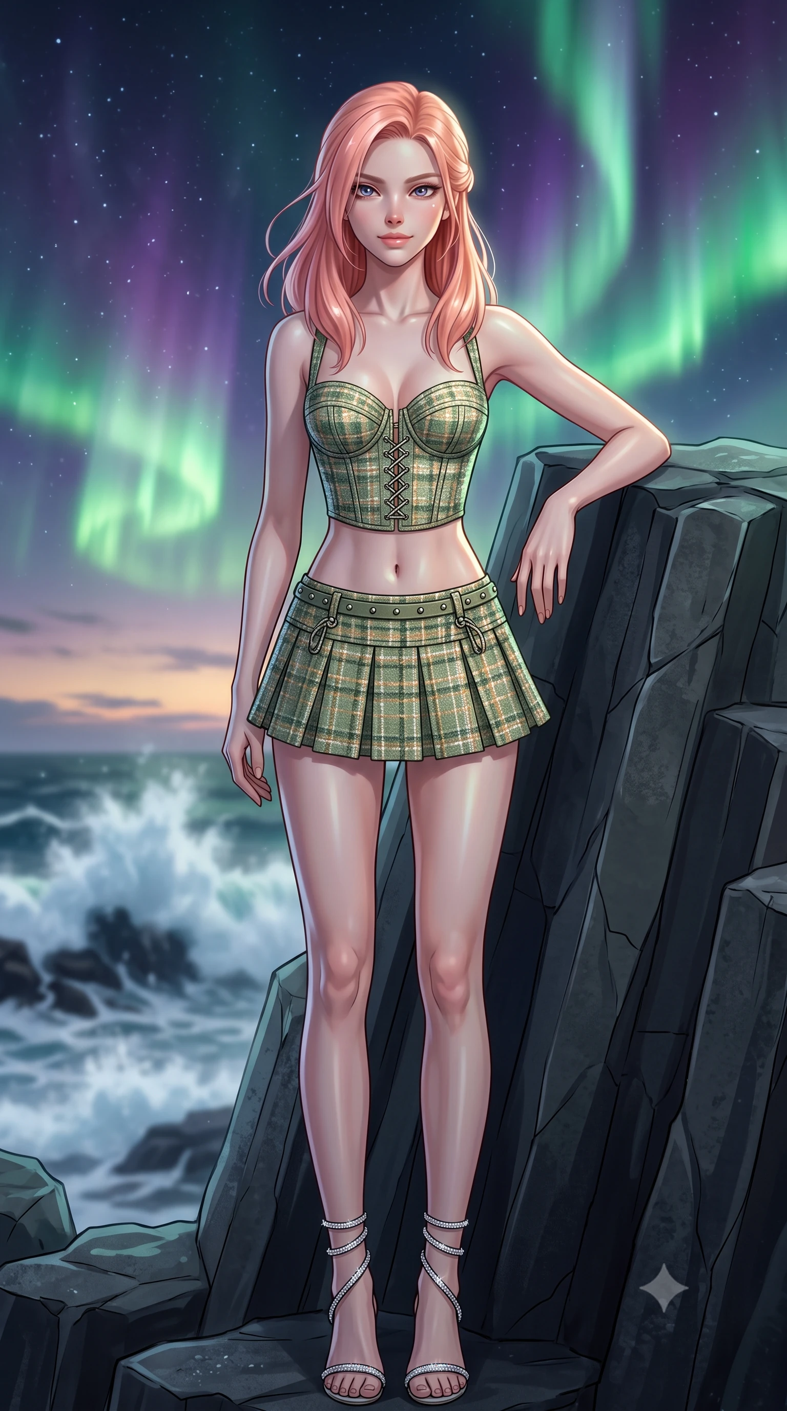 score_9, masterpiece, best quality, ultra-detailed, high-budget anime keyframe, editorial fashion photography, tasteful artistic composition, Japanese woman. close-up cowboy shot from the waist and thighs up, the character dominates the composition, filling the frame with her large presence. turning slowly with an enchanting smoldering smile, her glossy hair tossing in the breeze as her hips angle gracefully in a captivating contrapposto while leaning against the smooth geometric basalt rock pillar with hips cocked back, looking out at crashing North Atlantic whitecaps with smoldering bedroom-eyes. The background shows a soft-focus distant ocean sea spray softened in wild Arctic coastline shallow focus. She has an exceptionally elegant, slender, and willowy female figure with an ultra-slim waist, flat toned midriff, narrow ribcage, and sculpted feminine hips creating an alluring, slim hourglass silhouette without bulk. sharp v-shaped jawline, high-bridge nose, intricate jewel-like sparkling eyes with depth, thick eyelashes, glossy parted lips with a natural peach sheen, bright cheerful beaming smile with an enchanting and coquettish sensual glint, exuding both youthful cute charm and seductive allure, flawlessly proportioned anatomical accuracy, strict slender model proportions, natural body alignment, perfectly sculpted long slender limbs, ultra-slim waistline, clean dynamic posture without body distortion. wearing a structured Seville boned lace-up bustier top paired with an ultra-short low-rise pleated micro mini skirt in Japanese hinoki cedar honey and Kyoto matcha jade, woven from structured British tweed with subtle metallic flecks, complemented by strappy stiletto sandals with crystal ankle wraps accentuating her slender calves, the form-contouring silhouette accentuating her sculpted flat midriff, narrow delicate ribcage, and gracefully curvy hips with intoxicating allure. bathed in the ethereal 5200K phosphorescent green-and-violet illumination of active aurora borealis curtains mixed with twilight glow. ultra-reflective glossy finish, specular highlights, rich textural contrasts, high-contrast stereoscopic depth, volumetric dynamic lighting, 2k, ultra detail, master piece, 9:16 ratio