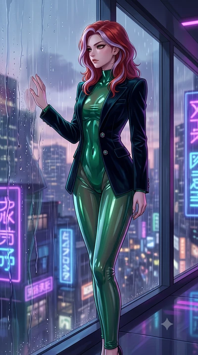 score_9, masterpiece, best quality, ultra-detailed, High-budget Anime Keyframe, Caucasian woman, strictly human ears. Dynamic full-body shot stretching the vertical silhouette to the limit. Scenario 451: looking out at the rain through a wet glass wi