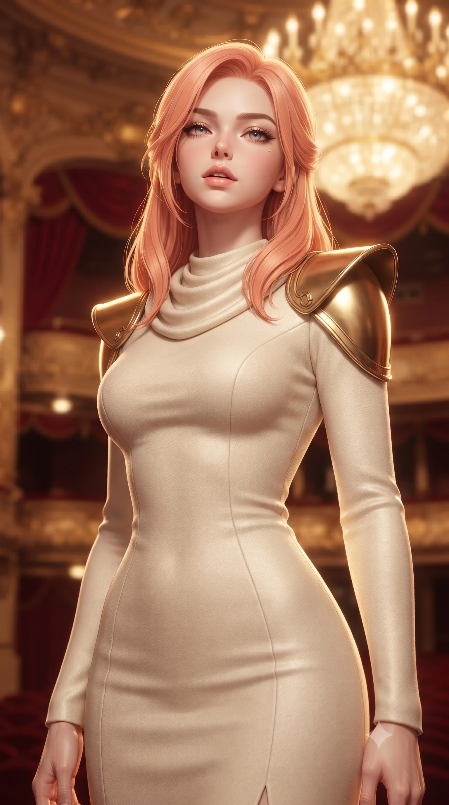 score_9, masterpiece, best quality, ultra-detailed, high-budget anime keyframe, editorial fashion photography, tasteful artistic composition, Japanese woman. close-up cowboy shot from the waist and thighs up, the character dominates the composition, filling the frame with her large presence, background elements kept in soft focus. tilting her chin up slightly with lips parted in a composed, provocative expression the background shows a soft-focus the 2nd-floor VIP opera box suite draped in heavy red silk velvet and gold carving decorations. She has an exceptionally elegant, slender, and willowy female figure with an ultra-slim waist, a gracefully sculpted slender torso, and a refined silhouette. sharp v-shaped jawline, high-bridge nose, intricate jewel-like eyes with depth, thick eyelashes, glossy lips with a natural sheen. wearing a form-contouring elegant galactic senate gown in cream cashmere, featuring structured metallic gold shoulder guards and a high-neck drape. warm golden light from the massive theater chandelier casting a soft wash. ultra-reflective glossy finish, specular highlights, metallic sheen, high-contrast stereoscopic depth, volumetric dynamic lighting, 2k, ultra detail, master piece, 9:16 ratio