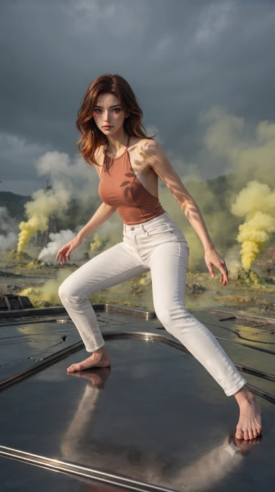 score_9, masterpiece, best quality, ultra-detailed, high-budget anime keyframe, editorial fashion photography, tasteful artistic composition, realistic cosplay photography, Korean woman. low angle full-body shot from head to toe showing her feet, fil