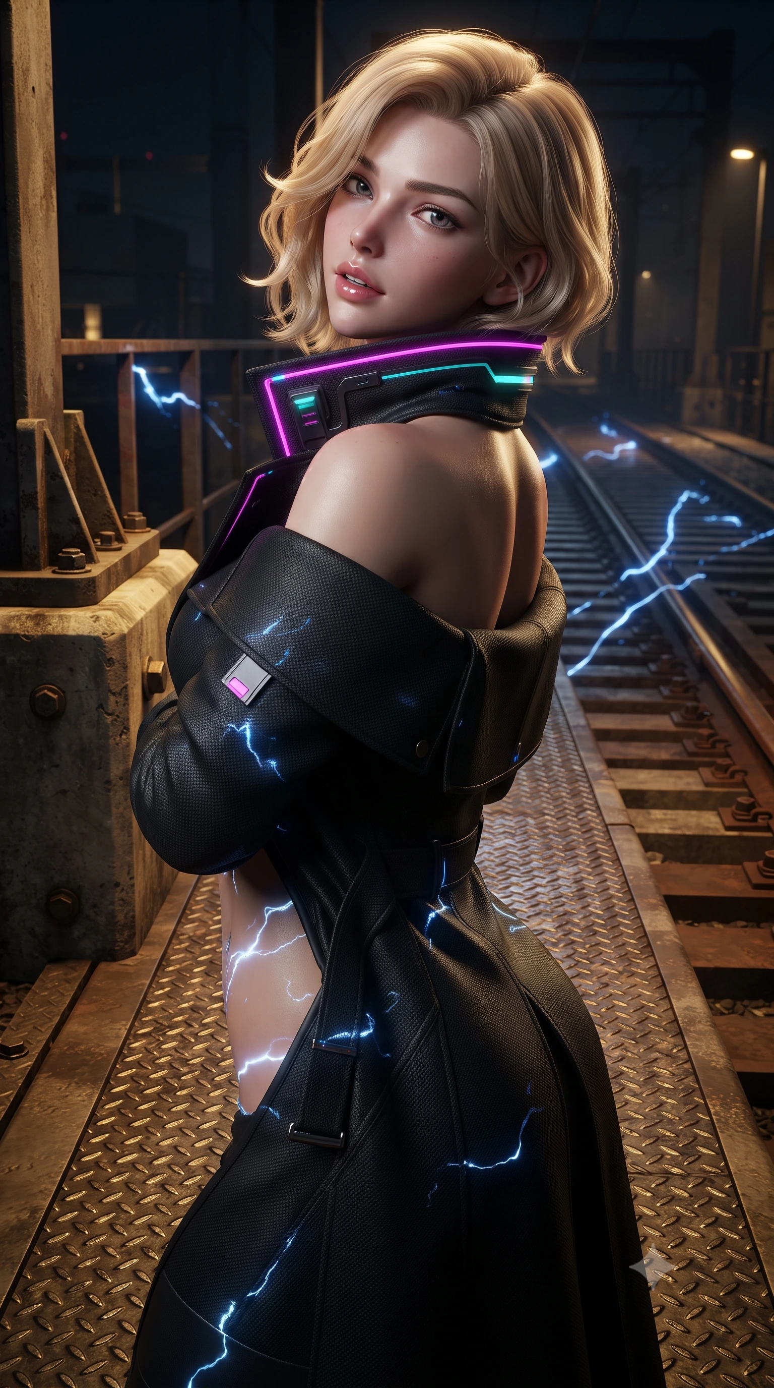score_9, masterpiece, best quality, ultra-detailed, high-budget anime keyframe, editorial fashion photography, tasteful artistic composition, Caucasian woman. close-up cowboy shot from the waist and thighs up, the character dominates the composition, filling the frame with her large presence. posing in an alluring rear three-quarter angle, looking over a bare shoulder with parted glossy lips, her hips cocked back to highlight her slim hourglass curve while twisting her slender torso in an alluring S-curve, high-voltage electric blue arcs reflecting dynamically across her flat midriff and hips. The surrounding environment is rendered in vivid detail and crisp panoramic clarity: sharp diamond-tread steel catwalk textures, heavy bolt heads on concrete abutments, and glowing track switch rails in deep focus. She has an exceptionally elegant, slender, and willowy female figure with an ultra-slim waist, flat toned midriff, narrow ribcage, and sculpted feminine hips creating an alluring, slim hourglass silhouette without bulk. sharp v-shaped jawline, high-bridge nose, intricate jewel-like sparkling eyes with depth, thick eyelashes, glossy parted lips with a natural peach sheen, bright cheerful beaming smile with an enchanting and coquettish sensual glint, exuding both youthful cute charm and seductive allure, flawlessly proportioned anatomical accuracy, strict slender model proportions, natural body alignment, perfectly sculpted long slender limbs, ultra-slim waistline, clean dynamic posture without body distortion. wearing a bespoke tactical commander trench coat in matte carbon-weave with magnetic utility buckles, storm flaps, and high standing collar in Kowloon neon magenta and electric teal, crafted from bespoke double-faced cashmere with an exceptionally soft tactile finish, finished with sleek magnetic buckle closures fluttering in the breeze, the impeccably tailored cut draping gracefully along her slender figure with aristocratic poise. bathed in high-contrast industrial sodium-vapor yellow lighting punctuated by bright blue electrical spark flashes. ultra-reflective glossy finish, specular highlights, rich textural contrasts, high-contrast stereoscopic depth, volumetric dynamic lighting, 2k, ultra detail, master piece, 9:16 ratio