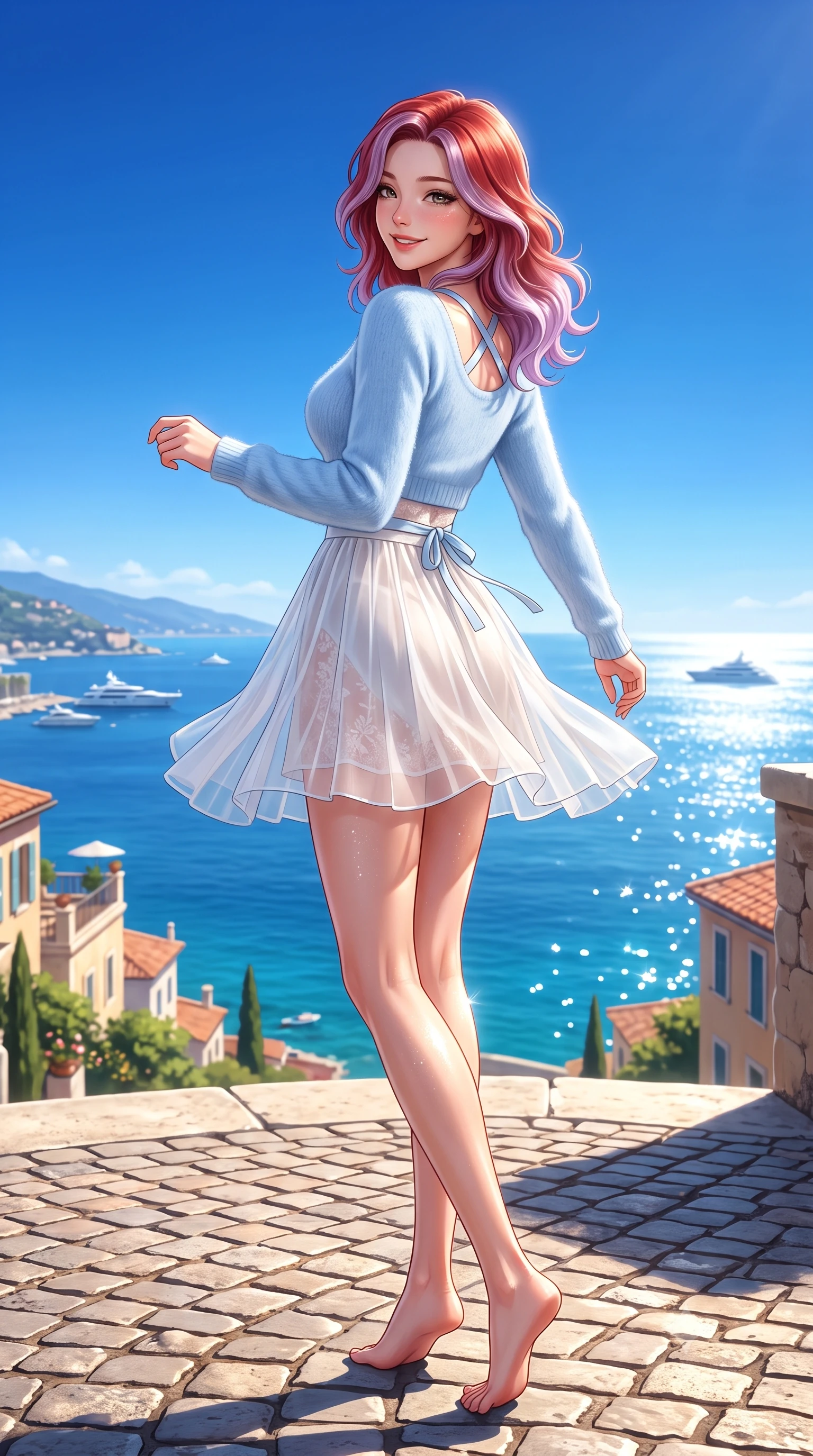 score_9, masterpiece, best quality, ultra-detailed, high-budget anime keyframe, semi-realistic 3D game render, editorial fashion photography, tasteful artistic composition, Caucasian woman. low angle full-body shot from head to toe showing her feet, filling the entire 9:16 vertical frame with her statuesque presence, stretching her vertical silhouette. executing a cheerful mid-motion pivot turn as her skirt flutters around her slender legs, glancing over her shoulder with an intoxicating, teasing cute expression while standing poised on the sun-dappled cobblestone terrace, twisting her slender torso in an alluring contrapposto stance in the warm sea breeze. The surrounding environment is rendered in vivid detail and crisp panoramic clarity. detailed linen sundress weave, sun-dappled skin highlights, and distant yacht clarity in high resolution. She has an exceptionally tall and slender model-like 8.5-heads proportion, an ultra-slim waist, a flat toned midriff, narrow delicate ribcage, and beautifully sculpted feminine hips creating a graceful, slim hourglass silhouette without any bulky heaviness, with impossibly long slender legs. sharp v-shaped jawline, high-bridge nose, intricate jewel-like sparkling eyes with depth, thick eyelashes, glossy parted lips with a natural peach sheen, bright cheerful beaming smile with an enchanting and coquettish sensual glint, exuding both youthful cute charm and seductive allure, flawlessly proportioned anatomical accuracy, strict slender model proportions, natural body alignment, perfectly sculpted long slender limbs, ultra-slim waistline, clean dynamic posture without body distortion. wearing a soft angora crop knit sweater with a sheer pleated organza mini skirt over an opaque silk slip in soft baby blue and crisp cloud white, made of sheer contouring stretch lace with delicate floral patterns, finished with criss-cross back satin straps highlighting her graceful shoulder blades, the liquid-tight tailored fabric clinging flawlessly to her narrow waist and rounded feminine hips, emphasizing every millimeter of her sculpted slim hourglass curves without any bulky heaviness. illuminated by intense specular sea surface glints defining her sculpted collarbones, narrow waist, and curvy hips. highly saturated vibrant anime colors, detailed shading with soft gradients, rich glossy textures, high-contrast stereoscopic depth, volumetric dynamic lighting, master piece, 9:16 ratio