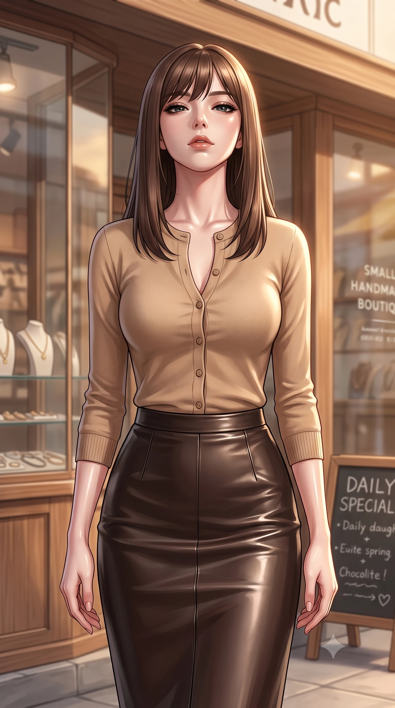 score_9, masterpiece, best quality, ultra-detailed, high-budget anime keyframe, editorial fashion photography, tasteful artistic composition, Korean woman. close-up cowboy shot from the waist and thighs up, the character dominates the composition, filling the frame with her large presence, background elements kept in soft focus. tilting her chin up with a composed yet magnetic gaze under long dark eyelashes set against a soft-focus background of in front of a small handmade accessory boutique with glass showcases with a small chalkboard sign showing daily specials written in cute lettering. She has an exceptionally elegant, slender, and willowy female figure with an ultra-slim waist, a gracefully sculpted slender torso, and a refined silhouette. sharp v-shaped jawline, high-bridge nose, intricate jewel-like eyes with depth, thick eyelashes, glossy lips with a natural sheen. wearing slim-fit tight-fitting cashmere cardigan closed, paired with a sleek leather midi skirt. cozy golden hour sunset light painting the wooden shopfronts in orange. ultra-reflective glossy finish, specular highlights, metallic sheen, high-contrast stereoscopic depth, volumetric dynamic lighting, 2k, ultra detail, master piece, 9:16 ratio
