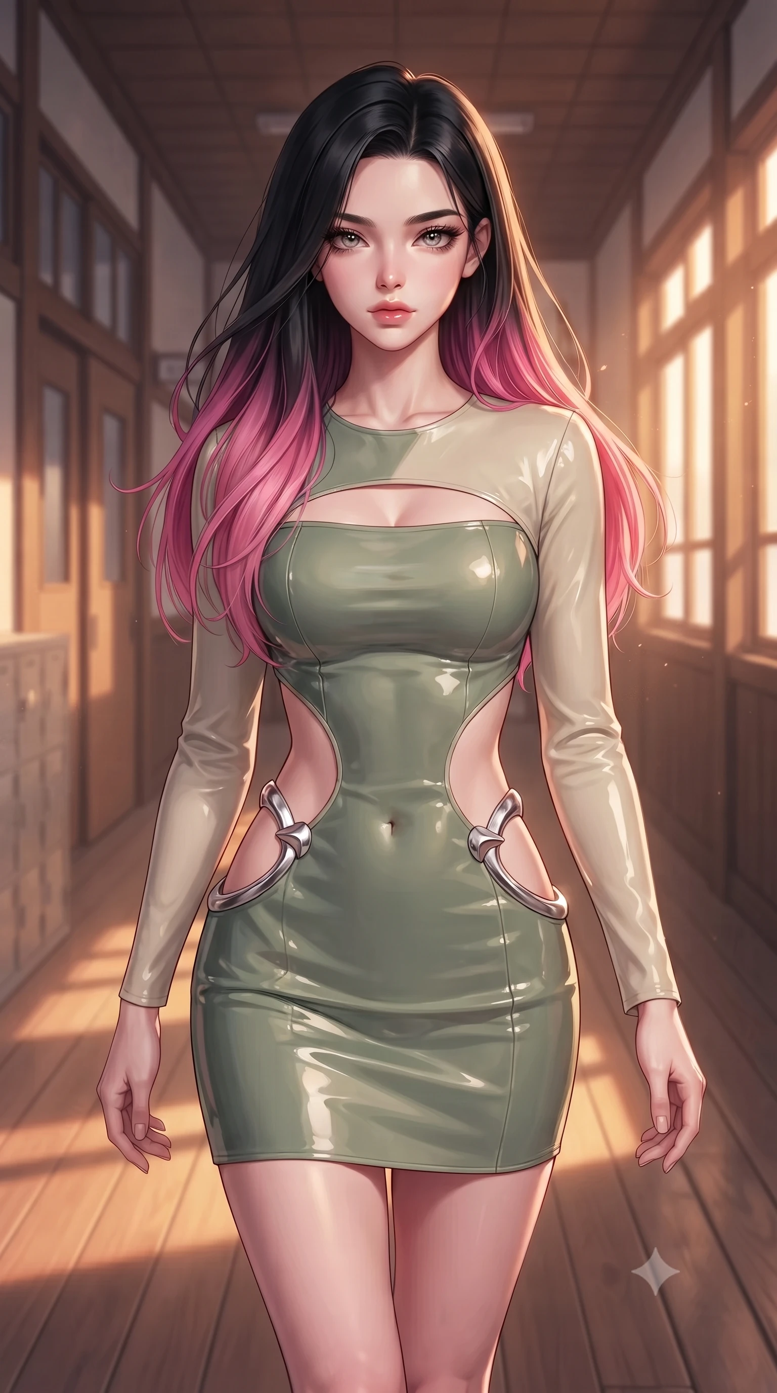 score_9, masterpiece, best quality, ultra-detailed, high-budget anime keyframe, editorial fashion photography, tasteful artistic composition, Korean woman. close-up cowboy shot from the waist and thighs up, the character dominates the composition, filling the frame with her large presence, background elements kept in soft focus. Leaning slightly forward with a composed, seductive gaze under soft glowing light walking down a quiet wooden school hallway illuminated by warm golden hour rays, soft evening breeze swaying her long hair gracefully against the skyline. She has an exceptionally elegant, slender, and willowy female figure with an ultra-slim waist, a gracefully sculpted slender torso, and a refined silhouette. sharp v-shaped jawline, high-bridge nose, intricate jewel-like eyes with depth, thick eyelashes, glossy lips with a natural sheen. wearing a dramatic open-waist cutout mini dress framed by sculptural hardware in sage green and oatmeal, tailored from high-gloss patent leather, accented with a Tasteful chest slit framing her clavicle gracefully, the sleek second-skin texture accentuating her magnetic presence. bathed in brilliant golden hour sunset rays and warm amber ambient light. highly saturated vibrant anime colors, detailed shading with soft gradients, rich glossy textures, high-contrast stereoscopic depth, volumetric dynamic lighting, master piece, 9:16 ratio