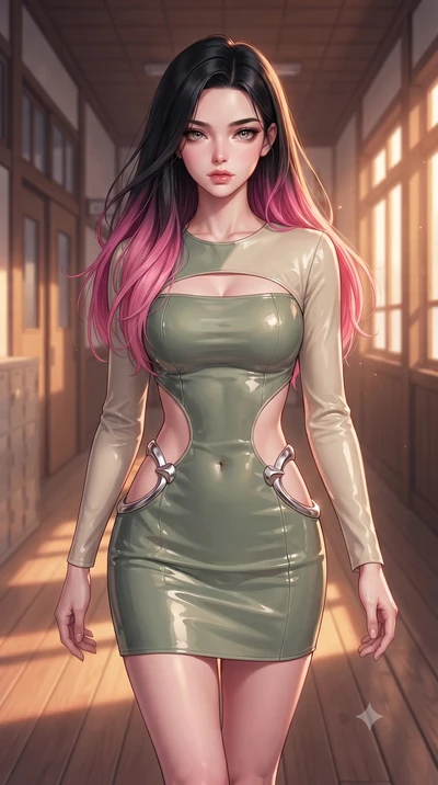 score_9, masterpiece, best quality, ultra-detailed, high-budget anime keyframe, editorial fashion photography, tasteful artistic composition, Korean woman. close-up cowboy shot from the waist and thighs up, the character dominates the composition, fi