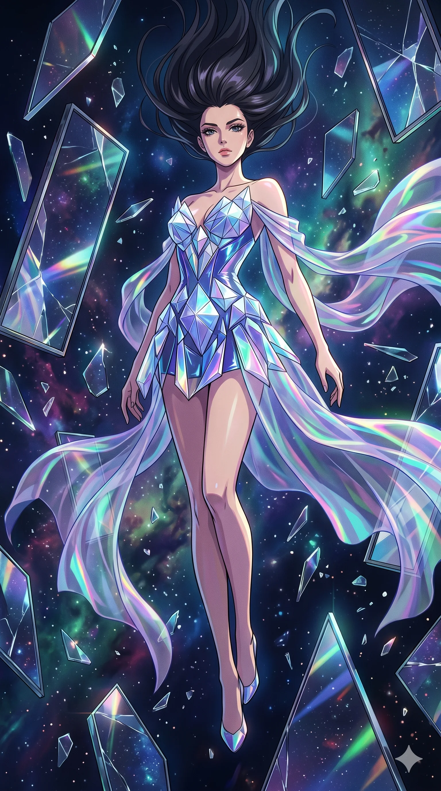 score_9, masterpiece, best quality, ultra-detailed, Set A: High-budget Anime Keyframe, Caucasian (strictly human ears) woman. Low angle cowboy shot filling the entire 9:16 frame with her statuesque presence. Floating through a dimension of floating mirrors, as gravity fails and everything around her floats in state 186 and surrounded by shattered glass fragments. She has an absolutely perfect 8-heads proportion, an exceptionally tall and slender female figure with impossibly long slender legs and an ultra-slim waist. Sharp v-shaped jawline, high-bridge nose, intricate jewel-like eyes with depth, thick eyelashes, glossy lips with a natural sheen. Wearing Crystalline structure mini-dress with iridescent vinyl accents and holographic chiffon drapes. Cinematic lighting, vibrant colors, dramatic shadows, 2k, ultra detail, master piece, 9:16 ratio