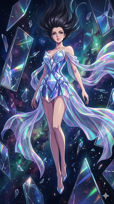 score_9, masterpiece, best quality, ultra-detailed, Set A: High-budget Anime Keyframe, Caucasian (strictly human ears) woman. Low angle cowboy shot filling the entire 9:16 frame with her statuesque presence. Floating through a dimension of floating m