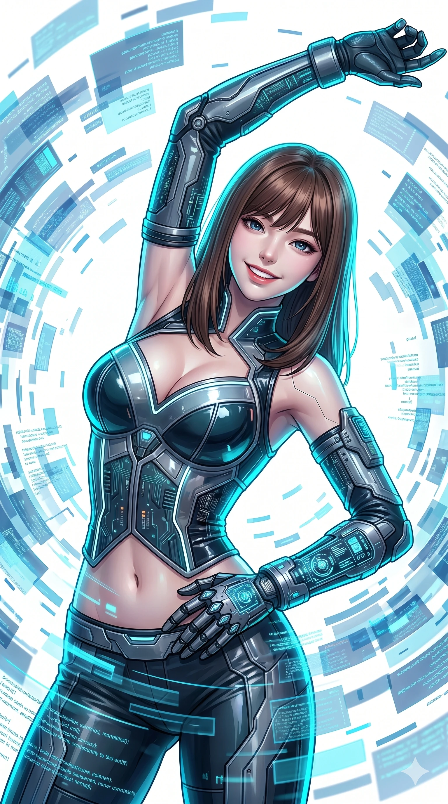 score_9, masterpiece, best quality, ultra-detailed, high-budget anime keyframe, editorial fashion photography, tasteful artistic composition, Korean woman. Upper body close-up from the thighs up, character filling the screen for maximum presence. She is leaning back with a confident, expressive smile amidst swirling holographic data shards in a brilliant white digital void. She stretches one arm overhead in a dynamic, fluid motion. She has an absolutely perfect 8-heads proportion, a tall and elegant figure with a refined silhouette and a defined waistline. V-shaped jawline, high-bridge nose, intricate jewel-like eyes with depth, thick eyelashes, glossy lips with a natural sheen. She is wearing a structured cybernetic bodice in glossy vinyl panels, paired with detached sleeves and a refined V-neckline detailed with glowing piping. The scene is illuminated by stark white key lights and a neon cyan rim light tracing her silhouette. 2k, ultra detail, master piece, 9:16 ratio