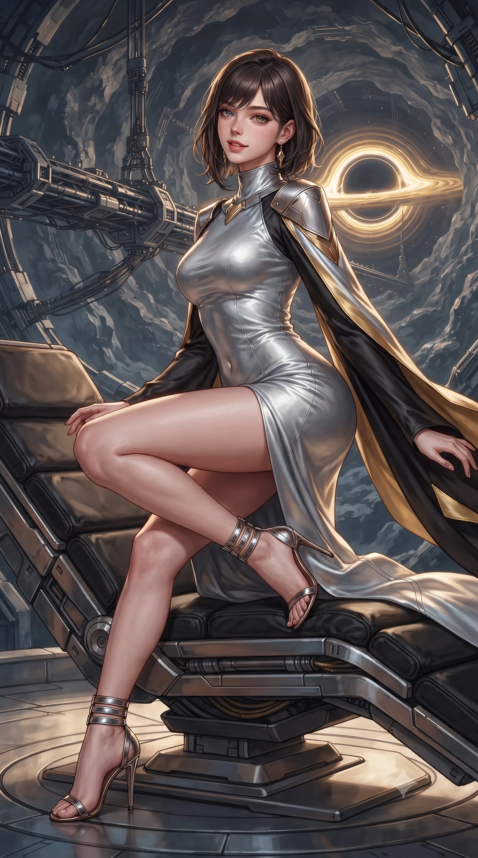 score_9, masterpiece, best quality, ultra-detailed, high-budget anime keyframe, editorial fashion photography, tasteful artistic composition, Korean woman. close-up cowboy shot from the waist and thighs up, the character dominates the composition, filling the frame with her large presence. perched sideways on the lounge seat, one knee drawn up to showcase her slender leg line while her arched back accentuates her feminine hip curve while standing poised on the magnetic suspension bridge inside the hollow asteroid, arching her back with siren allure as a captured micro-black hole pulses with golden synchrotron radiation rings. The surrounding environment is rendered in vivid detail and crisp panoramic clarity: detailed haute-couture texture, wet-look liquid fabric drape, and colossal deep-space physics architecture in razor-sharp precision. She has an exceptionally elegant, slender, and willowy female figure with an ultra-slim waist, flat toned midriff, narrow ribcage, and sculpted feminine hips creating an alluring, slim hourglass silhouette without bulk. sharp v-shaped jawline, high-bridge nose, intricate jewel-like sparkling eyes with depth, thick eyelashes, glossy parted lips with a natural peach sheen, bright cheerful beaming smile with an enchanting and coquettish sensual glint, exuding both youthful cute charm and seductive allure, flawlessly proportioned anatomical accuracy, strict slender model proportions, natural body alignment, perfectly sculpted long slender limbs, ultra-slim waistline, clean dynamic posture without body distortion. wearing an elegant high-neck diplomatic sci-fi gown made of bioluminescent silver silk with structured geometric shoulder plates and long flowing sleeves in singularity accretion gold and space void onyx, crafted from bespoke double-faced cashmere with an exceptionally soft tactile finish, complemented by strappy stiletto sandals with metallic ankle wraps accentuating her slender calves, the bespoke structured tailoring following the natural line of her 8.5-heads silhouette with refined elegance. illuminated by titanium bridge reflection bounce and sharp relativistic gold rim lights sculpting her razor-sharp jawline, narrow waist, and curvy hips. ultra-reflective glossy finish, specular highlights, rich textural contrasts, high-contrast stereoscopic depth, volumetric dynamic lighting, 2k, ultra detail, master piece, 9:16 ratio