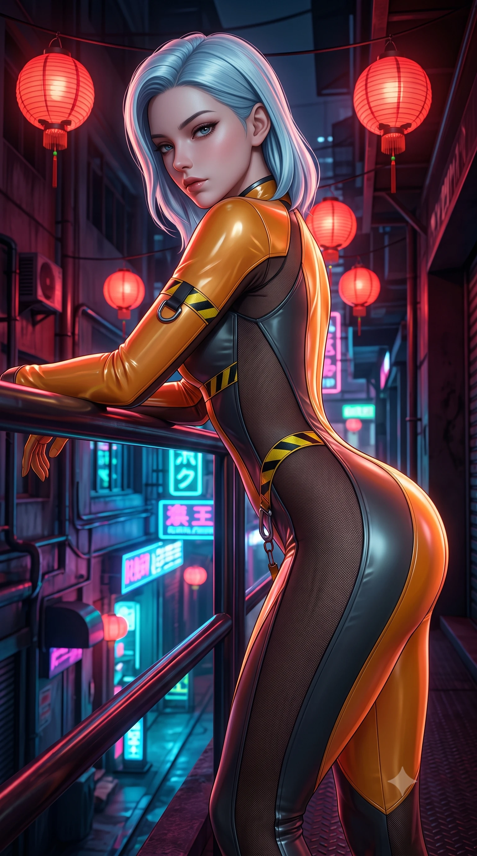 score_9, masterpiece, best quality, ultra-detailed, high-budget anime keyframe, semi-realistic 3D game render, editorial fashion photography, tasteful artistic composition, Korean woman. close-up cowboy shot from the waist and thighs up, the character dominates the composition, filling the frame with her large presence. leaning forward against the polished railing with her hips cocked back, creating an intoxicating curve from her narrow waist to sculpted hips as she gazes back into the lens while standing poised beneath hanging crimson paper lanterns, twisting her slender torso in an alluring S-curve while looking down at the neon-lit alley below. The surrounding environment is rendered in vivid detail and crisp panoramic clarity. intense Wong Kar-wai inspired neo-noir chiaroscuro and atmospheric cyberpunk metropolis aesthetics in precision. She has an exceptionally elegant, slender, and willowy female figure with an ultra-slim waist, a gracefully sculpted slender torso, toned flat midriff, and rounded feminine hips creating an alluring hourglass silhouette. sharp v-shaped jawline, high-bridge nose, intricate jewel-like eyes with depth, thick eyelashes, glossy parted lips with a natural sheen, intensely captivating and seductive bedroom-eyes expression, flawlessly proportioned anatomical accuracy, strict slender model proportions, natural body alignment, perfectly sculpted long slender limbs, ultra-slim waistline, clean dynamic posture without body distortion. wearing a second-skin vinyl cheongsam catsuit with sheer mesh side panels tracing the full curve of her hip in glowing amber-gold and dark graphite, made of breathable technical athletic mesh and liquid-finish track nylon, finished with high-visibility hazard warning tape details and carabiner clips, the glove-like aerodynamic silhouette tightly following the natural contour of her hips and long slender legs with statuesque precision. surrounded by an enigmatic, sultry, and breathtakingly hypnotic cyber-femme fatale aura. highly saturated vibrant anime colors, detailed shading with soft gradients, rich glossy textures, high-contrast stereoscopic depth, volumetric dynamic lighting, master piece, 9:16 ratio