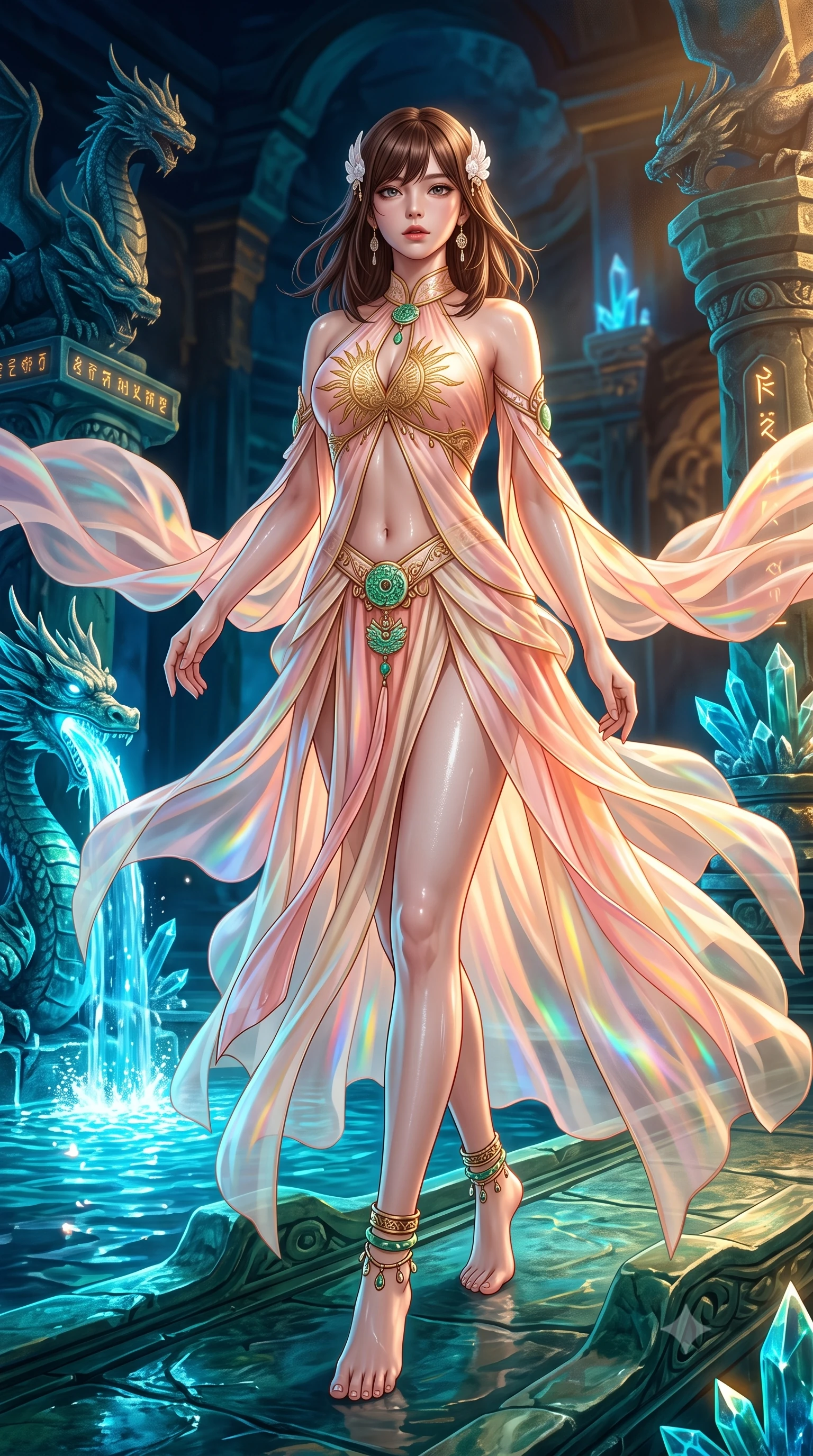 score_9, masterpiece, best quality, ultra-detailed, high-budget anime keyframe, semi-realistic 3D game render, editorial fashion photography, tasteful artistic composition, Korean woman. low angle full-body shot from head to toe showing her feet, filling the entire 9:16 vertical frame with her statuesque presence, stretching her vertical silhouette. stepping forward gracefully in mid-motion, displaying her toned flat midriff and flawlessly sculpted slender limbs while standing poised on a sculpted jade terrace beside a glowing crystalline dragon spring where bioluminescent water cascades. The surrounding environment is rendered in vivid detail and crisp panoramic clarity. vibrant high-contrast oriental sci-fi chiaroscuro and imperial dragon sanctuary aesthetics in precision. She has an absolutely perfect, statuesque 8.5-heads proportion, an exceptionally tall and slender model-like female figure with impossibly long slender legs, a toned flat midriff, and an ultra-slim waist. sharp v-shaped jawline, high-bridge nose, intricate jewel-like eyes with depth, thick eyelashes, glossy lips with a natural sheen, captivating and magnetic expression, flawlessly proportioned anatomical accuracy, strict slender model proportions, natural body alignment, perfectly sculpted long slender limbs, ultra-slim waistline, clean dynamic posture without body distortion. wearing a celestial priestess halter gown with golden sunburst embroidery and sheer leg veils in soft peach blossom pink and warm ivory, crafted from weightless prism organza that refracts light with every motion, accented with mother-of-pearl hair ornaments and a carved jade pendant, the breezy yet form-flattering drape swaying gracefully with her steps, accentuating her long willowy limbs and slim waistline. illuminated by wet reflective highlights defining her sculpted neck, waistline, and slender legs. highly saturated vibrant anime colors, detailed shading with soft gradients, rich glossy textures, high-contrast stereoscopic depth, volumetric dynamic lighting, master piece, 9:16 ratio