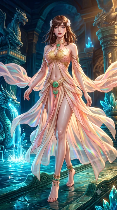 score_9, masterpiece, best quality, ultra-detailed, high-budget anime keyframe, semi-realistic 3D game render, editorial fashion photography, tasteful artistic composition, Korean woman. low angle full-body shot from head to toe showing her feet, fil