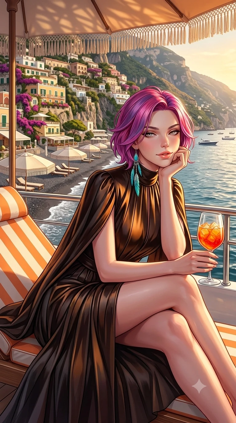 score_9, masterpiece, best quality, ultra-detailed, high-budget anime keyframe, semi-realistic 3D game render, editorial fashion photography, tasteful artistic composition, Caucasian woman. close-up cowboy shot from the waist and thighs up, the character dominates the composition, filling the frame with her large presence. resting one elbow on the yacht railing and supporting her chin, leaning close to the camera with heavy-lidded sparkling eyes and parted lips while reclining on an orange-and-white striped sun lounger propped on one elbow, holding an Aperol spritz with sovereign high-society charm and bedroom-eyes. The surrounding environment is rendered in vivid detail and crisp panoramic clarity: sharp dark pebble beach textures, canvas parasol fringe, and Positano cliffside villa window shutters in deep focus. She has an exceptionally elegant, slender, and willowy female figure with an ultra-slim waist, flat toned midriff, narrow ribcage, and sculpted feminine hips creating an alluring, slim hourglass silhouette without bulk. sharp v-shaped jawline, high-bridge nose, sparkling eyes with hypnotic seductive depth, thick curled eyelashes, glossy parted lips with a natural dewy peach sheen, alluring bedroom-eyes with an enchanting coquettish smile, exuding magnetic siren charisma and sophisticated glamour, flawlessly proportioned anatomical accuracy, strict slender model proportions, natural body alignment, perfectly sculpted long slender limbs, ultra-slim waistline, clean dynamic posture without body distortion. wearing a bespoke Mediterranean tailored cape-sleeve evening gown with high collar and fluid pleated skirt in dark espresso leather and warm amber highlights, tailored from crisp high-density nautical cotton poplin with pristine structural hold, accented with turquoise and silver bohemian feather earrings swaying near her bare neck, the bespoke structured tailoring following the natural line of her 8.5-heads silhouette with refined elegance. illuminated by parasol shadow gradients and sharp golden-peach rim lights defining her razor-sharp jawline, narrow waist, and curvy hips. highly saturated vibrant anime colors, detailed shading with soft gradients, rich glossy textures, high-contrast stereoscopic depth, volumetric dynamic lighting, master piece, 9:16 ratio
