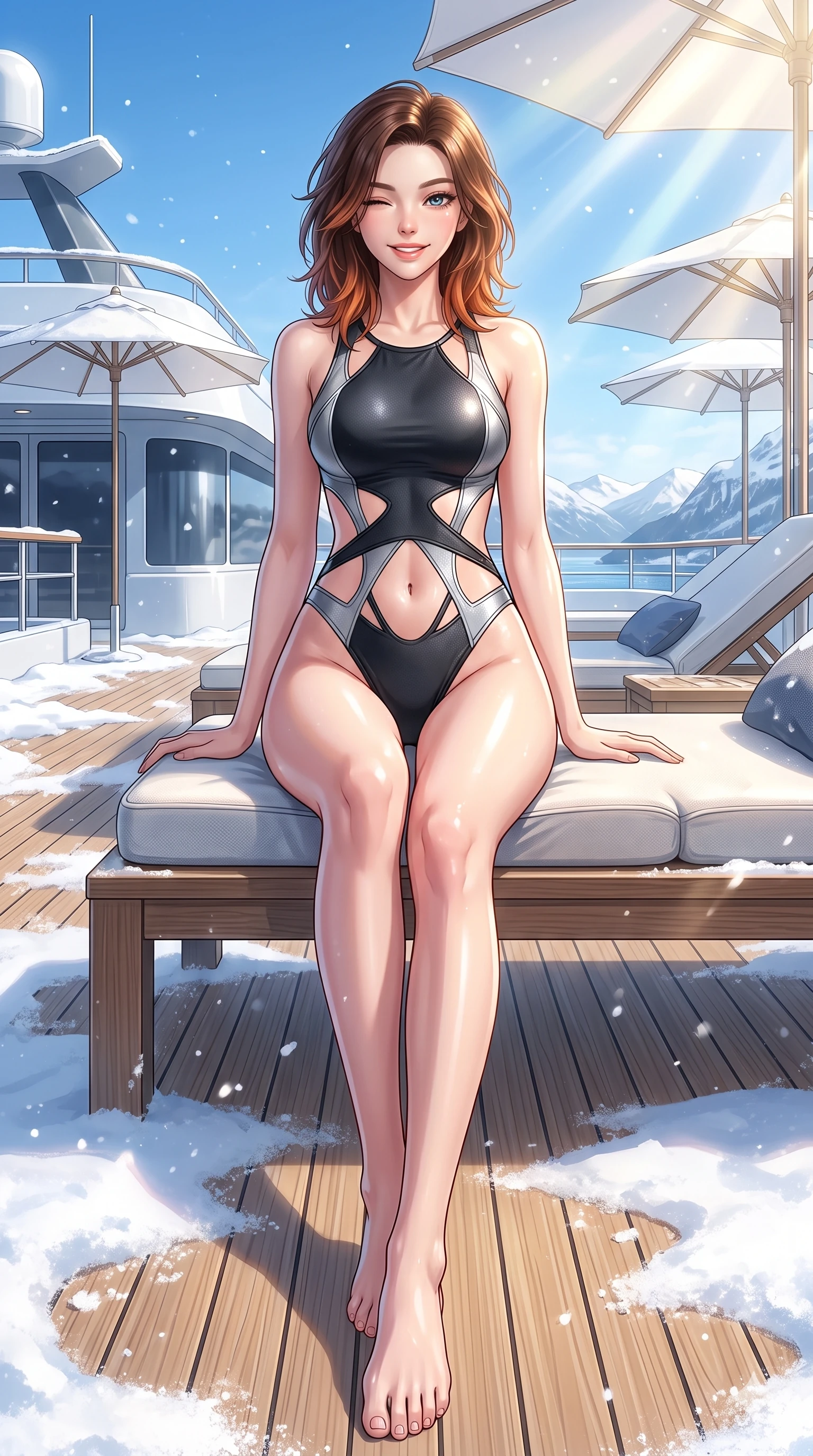 score_9, masterpiece, best quality, ultra-detailed, high-budget anime keyframe, vibrant anime aesthetic, Korean woman. low angle full-body shot from head to toe showing her feet, filling the entire 9:16 vertical frame with her statuesque presence, stretching her vertical silhouette. She is sitting on a resort sunbed, winking and smiling cheerfully at the viewer in snow on a luxury yacht sun-deck with crisp winter breeze (Code-P21-059). She has an absolutely perfect 8-heads proportion, an exceptionally tall and slender female figure with impossibly long slender legs and an ultra-slim waist. V-shaped jawline, high-bridge nose, intricate jewel-like eyes with depth, thick eyelashes, glossy lips with a natural sheen. wearing a sleek swimsuit with high-cut leg lines and an exposed waist in snow. She is surrounded by bright sunbeams reflecting off white umbrellas, creating a luminous winter glow. 2k, ultra detail, master piece, 9:16 ratio