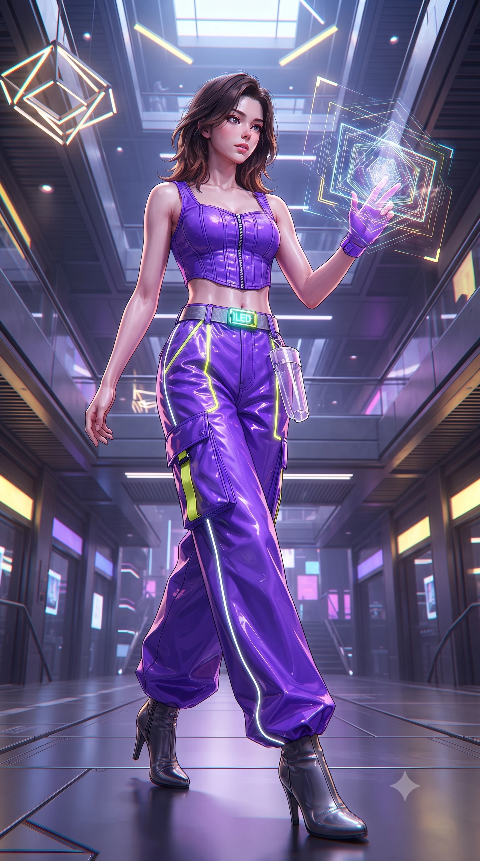 score_9, masterpiece, best quality, ultra-detailed, high-budget anime keyframe, editorial fashion photography, tasteful artistic composition, Korean woman. low angle full-body shot from head to toe showing her feet, filling the entire 9:16 vertical frame with her statuesque presence, stretching her vertical silhouette. striding forward in a proud, dynamic supermodel runway stride, her statuesque vertical silhouette commanding the entire frame while reaching out one manicured hand to interact with a floating holographic geometry display with an intrigued expression. The surrounding environment is rendered in vivid detail and crisp panoramic clarity. detailed metallic fabric reflections, chromatic aberration rings, and geometric light fixtures in high clarity. She has an absolutely perfect, statuesque 8.5-heads proportion, an exceptionally tall and slender model-like female figure with impossibly long slender legs, a toned flat midriff, and an ultra-slim waist. sharp v-shaped jawline, high-bridge nose, intricate jewel-like eyes with depth, thick eyelashes, glossy lips with a natural sheen, captivating and magnetic expression, flawlessly proportioned anatomical accuracy, strict slender model proportions, natural body alignment, perfectly sculpted long slender limbs, ultra-slim waistline, clean dynamic posture without body distortion. wearing a deconstructed denim corset crop top paired with high-waisted wide-leg utility jeans in toxic ultraviolet purple and hazard yellow accents, tailored from lightweight crinkle nylon with glowing reflective piping, complemented by a neon LED belt buckle and translucent vinyl holster, the glove-like aerodynamic second-skin fit tightly clinging to her ultra-slender waist and athletic curves without adding bulk, accentuating her razor-sharp statuesque lines and slim hourglass silhouette. bathed in dynamic color-shifting LED ambient illumination and pure white spotlight fill. ultra-reflective glossy finish, specular highlights, rich textural contrasts, high-contrast stereoscopic depth, volumetric dynamic lighting, 2k, ultra detail, master piece, 9:16 ratio