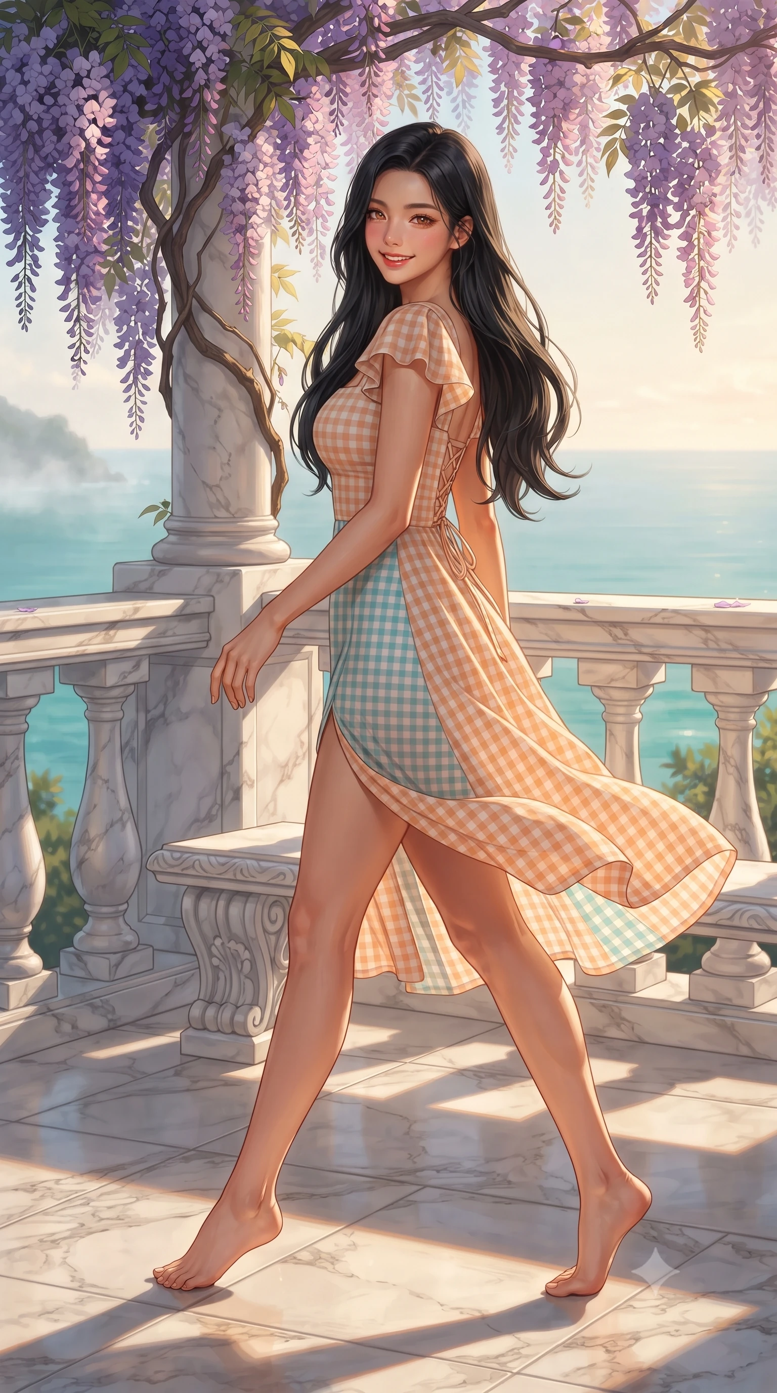 score_9, masterpiece, best quality, ultra-detailed, high-budget anime keyframe, editorial fashion photography, tasteful artistic composition, Korean woman. low angle full-body shot from head to toe showing her feet, filling the entire 9:16 vertical frame with her statuesque presence, stretching her vertical silhouette. stepping forward gracefully across the terrace in mid-motion with a radiant beaming smile, hips swaying in an alluring kinetic rhythm that accentuates her curvy hourglass silhouette and long slender legs while sitting perched on the carved marble bench beneath blooming purple wisteria vines, casting an enchanting, playful smile with bedroom-eyes. The surrounding environment is rendered in vivid detail and crisp panoramic clarity. sharp carved marble balustrade veining, delicate wisteria petal edges, and sea mist clarity in deep focus. She has an exceptionally tall and slender model-like 8.5-heads proportion, an ultra-slim waist, a flat toned midriff, narrow delicate ribcage, and beautifully sculpted feminine hips creating a graceful, slim hourglass silhouette without any bulky heaviness, with impossibly long slender legs. sharp v-shaped jawline, high-bridge nose, sparkling amber-hazel eyes with depth, long lush eyelashes, glossy sun-kissed lips with a warm coral glaze, radiant teasing smile with sensual sunlit bedroom-eyes, exuding effortless old-money elegance and intoxicating sun-drenched allure, flawlessly proportioned anatomical accuracy, strict slender model proportions, natural body alignment, perfectly sculpted long slender limbs, ultra-slim waistline, clean dynamic posture without body distortion. wearing a backless lace-up gingham sundress in soft apricot with a form-fitting bodice and hip-defining silhouette in refreshing Aegean turquoise and crisp sea-salt white, tailored from airy semi-sheer chiffon that flutters gently in the evening breeze, featuring elegant flutter sleeves and a graceful square neckline, the liquid-tight tailored fabric clinging flawlessly to her narrow waist and rounded feminine hips, emphasizing every millimeter of her sculpted slim hourglass curves without any bulky heaviness. bathed in rich golden hour coastal sunlight casting warm long shadows across the balcony. ultra-reflective glossy finish, specular highlights, rich textural contrasts, high-contrast stereoscopic depth, volumetric dynamic lighting, 2k, ultra detail, master piece, 9:16 ratio