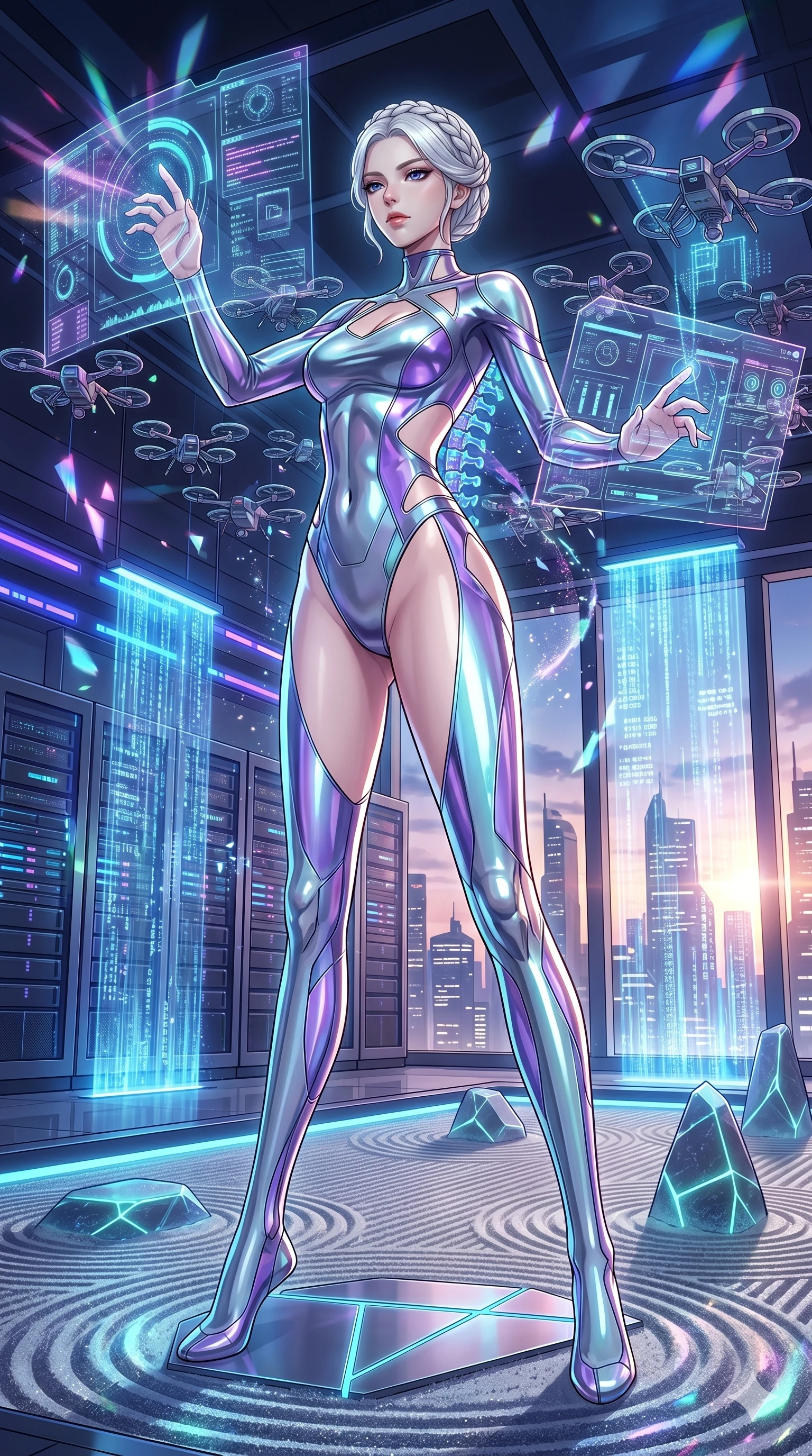 score_9, masterpiece, best quality, ultra-detailed, High-budget Anime Keyframe, vibrant colors, fluid line-art, expressive lighting, cinematic composition, Ufotable-style visual effects, top-tier animation quality, Korean woman with idol-like refined features. Dramatic low angle looking up at her majestic stature, dominating the vertical space of the composition. Commanding a massive fleet of holographic drones within a high-security data center, her fingers dancing across invisible interfaces. She has an absolutely perfect 8-heads proportion, an exceptionally tall and slender female figure with impossibly long slender legs and an ultra-slim waist, her statuesque height and towering silhouette dominating the vertical 9:16 frame. Her face is a masterpiece featuring a sharp v-shaped jawline, high-bridge nose, intricate jewel-like eyes with depth, thick eyelashes, and glossy lips with a natural sheen. She is wearing a Molten metal-look bodysuit with daring cut-outs and a high-cut silhouette crafted from Iridescent vinyl with a futuristic sheen that shifts between violet and cyan, boasting shoulder cut-outs and a glowing spinal interface visible through the back. The scene is set in a serene Zen garden with metallic sand, glowing stones, and a holographic waterfall, illuminated by dynamic strobe effects that capture her movement in a series of sharp fragments. 2k, ultra detail, master piece, 9:16 ratio