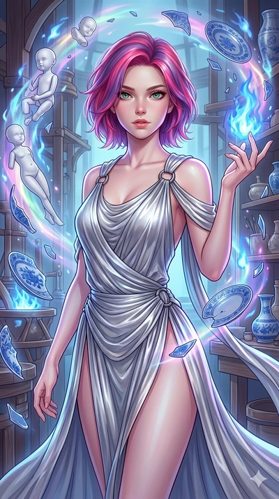 score_9, masterpiece, best quality, ultra-detailed, high-budget anime keyframe, Caucasian woman, strictly human ears. upper body close-up from the thighs up, character filling the screen for maximum presence. assisting in an alchemical porcelain work