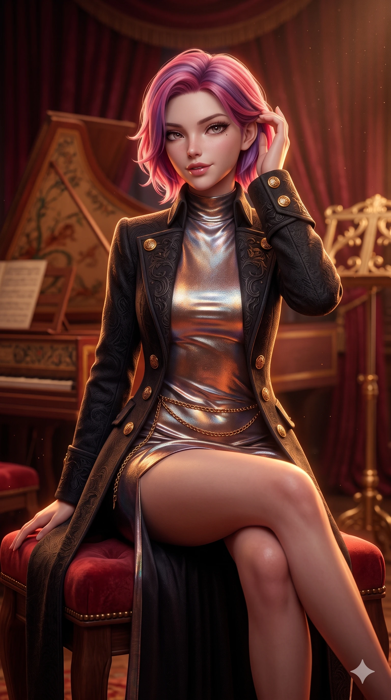 score_9, masterpiece, best quality, ultra-detailed, high-budget anime keyframe, semi-realistic 3D game render, editorial fashion photography, tasteful artistic composition, Caucasian woman. close-up cowboy shot from the waist and thighs up, the character dominates the composition, filling the frame with her large presence. gently brushing a lock of hair behind her ear while casting a playful, flirtatious side-gaze with long eyelashes while perched sideways on the velvet-upholstered music bench, one knee drawn up to showcase her slender leg line while her arched back accentuates her feminine hip curve. The background shows a soft-focus hand-painted harpsichord soundboard, heavy ruby-velvet drapes, and gilded music stands blurred into ruby, rosewood, and amber bokeh. She has an exceptionally elegant, slender, and willowy female figure with an ultra-slim waist, flat toned midriff, narrow ribcage, and sculpted feminine hips creating an alluring, slim hourglass silhouette without bulk. sharp v-shaped jawline, high-bridge nose, intricate jewel-like sparkling eyes with depth, thick eyelashes, glossy parted lips with a natural sheen, intensely captivating and seductive bedroom-eyes expression, exuding both youthful cute charm and sovereign luxury allure, flawlessly proportioned anatomical accuracy, strict slender model proportions, natural body alignment, perfectly sculpted long slender limbs, ultra-slim waistline, clean dynamic posture without body distortion. wearing a structured Belle Époque cashmere opera greatcoat with polished brass crest buttons layered over a high-neck slip in cosmic eclipse amber and starlight diamond, crafted from luxurious metallic lamé that shifts radiance with every step, accented with a delicate gold chain belt resting loosely on her curvy hips, the bespoke structured tailoring following the natural line of her 8.5-heads silhouette with refined elegance. illuminated by polished rosewood bounce and sharp amber-gold rim lights sculpting her razor-sharp jawline, narrow waist, and curvy hips. highly saturated vibrant anime colors, detailed shading with soft gradients, rich glossy textures, high-contrast stereoscopic depth, volumetric dynamic lighting, master piece, 9:16 ratio