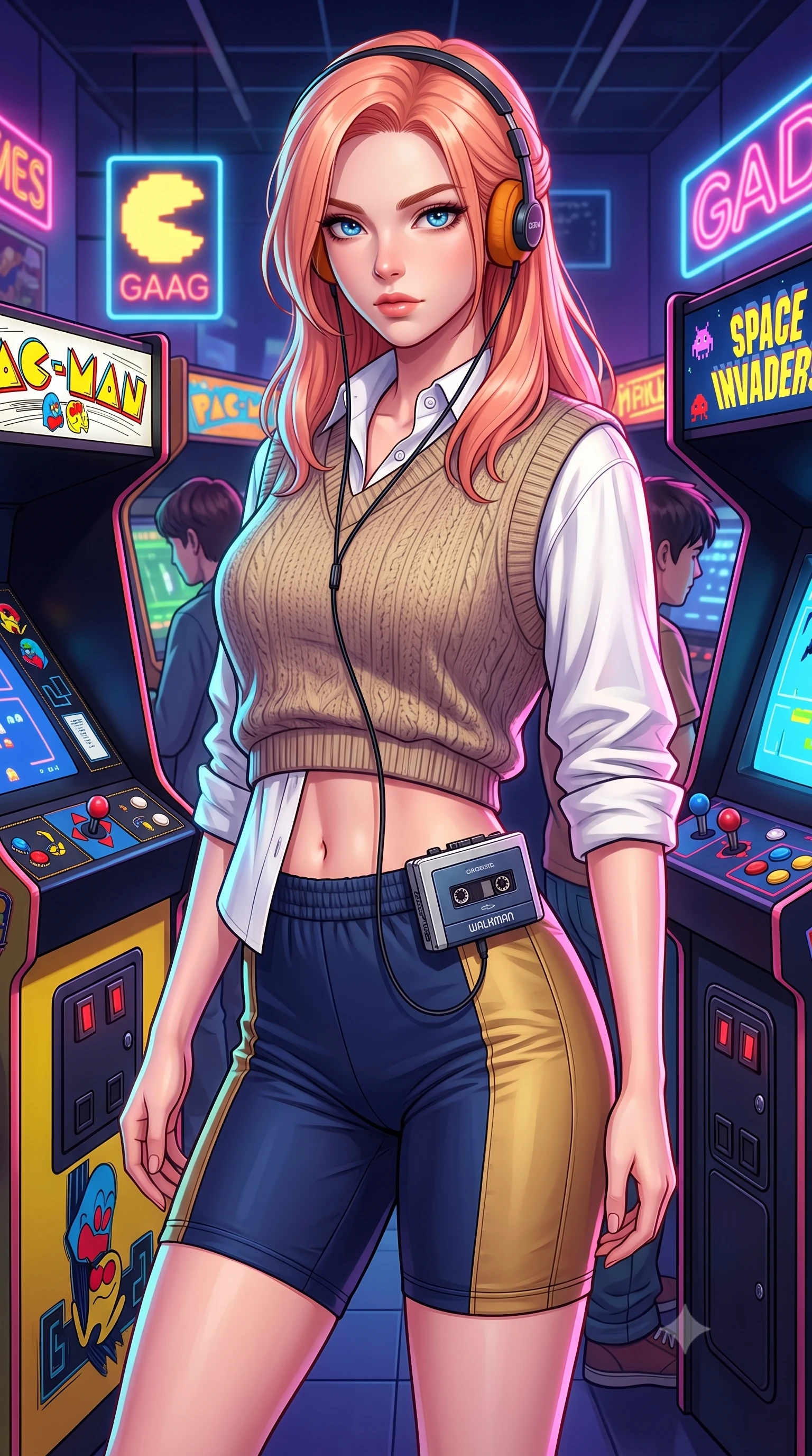score_9, masterpiece, best quality, ultra-detailed, high-budget anime keyframe, semi-realistic 3D game render, editorial fashion photography, tasteful artistic composition, Japanese woman. close-up cowboy shot from the waist and thighs up, the character dominates the composition, filling the frame with her large presence. radiating intense magnetic charisma with jewel-like eyes locked onto the viewer, her upper body turning in a dynamic, fluid S-curve while standing in a buzzing 1980s neon arcade game center, wearing retro on-ear foam headphones plugged into a vintage cassette Walkman. The surrounding environment is rendered in vivid detail and crisp panoramic clarity. vivid high-energy retro gaming chiaroscuro and authentic 80s arcade culture aesthetics rendered with precision. She has an exceptionally elegant, slender, and willowy female figure with an ultra-slim waist, a gracefully sculpted slender torso, toned flat midriff, and a refined slim silhouette. sharp v-shaped jawline, high-bridge nose, intricate jewel-like eyes with depth, thick eyelashes, glossy lips with a natural sheen, captivating and magnetic expression, flawlessly proportioned anatomical accuracy, strict slender model proportions, natural body alignment, perfectly sculpted long slender limbs, ultra-slim waistline, clean dynamic posture without body distortion. wearing an oversized 90s knit sweater vest worn over a crisp white boyfriend shirt and cycling shorts in deep navy blue and vintage brass gold, made of crisp lightweight vintage crinkle nylon, finished with polished mother-of-pearl buttons and tailored flap pockets, the sleek tailored cut tightly hugging her graceful clavicle, narrow waist, and feminine curves with statuesque precision. illuminated by crisp directional highlights defining her toned midriff, slender waist, and long legs. highly saturated vibrant anime colors, detailed shading with soft gradients, rich glossy textures, high-contrast stereoscopic depth, volumetric dynamic lighting, master piece, 9:16 ratio