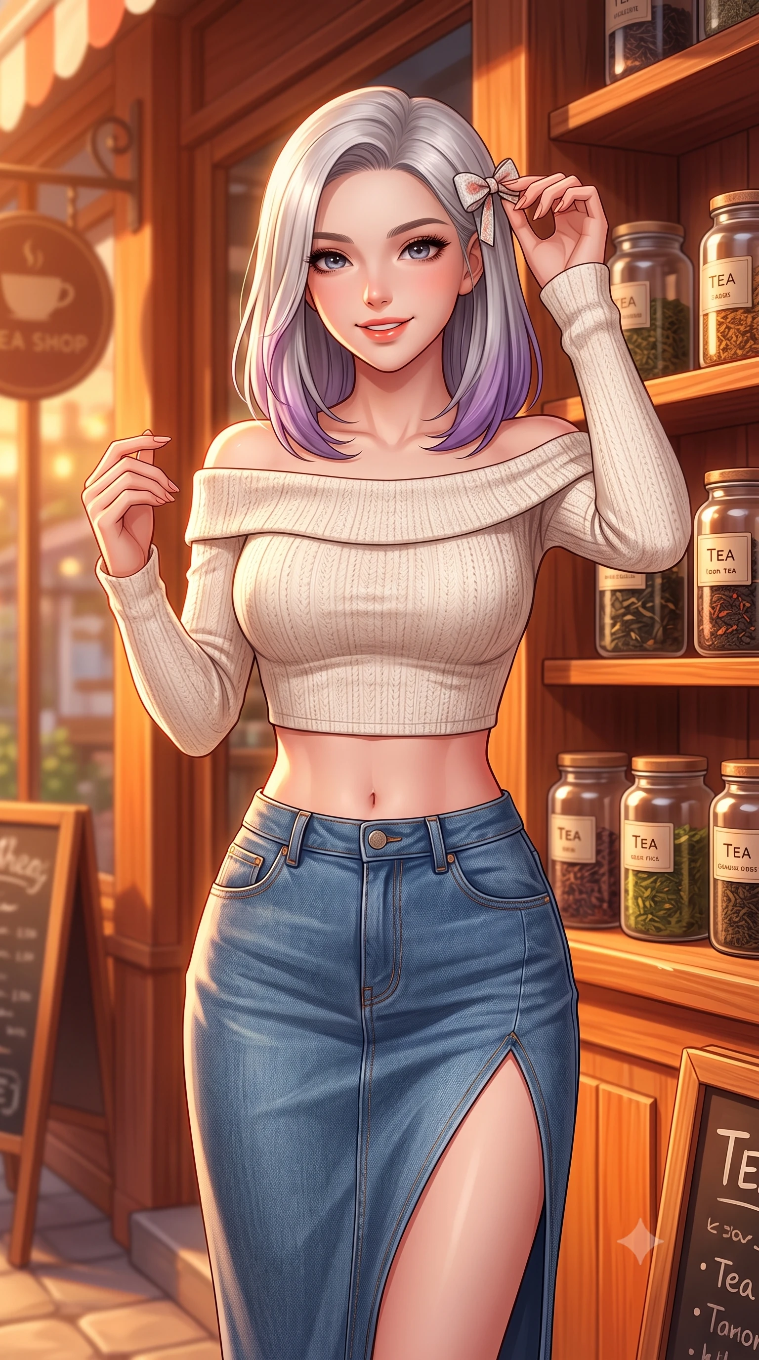 score_9, masterpiece, best quality, ultra-detailed, high-budget anime keyframe, editorial fashion photography, tasteful artistic composition, Caucasian woman. close-up cowboy shot from the waist and thighs up, the character dominates the composition, filling the frame with her large presence, background elements kept in soft focus. smiling with cute and bright self-assurance, looking directly at the viewer set against a soft-focus background of outside a cozy tea shop with jars of tea leaves displayed on wooden shelves holding a cute handmade ribbon hair clip, looking at the camera. She has an exceptionally elegant, slender, and willowy female figure with an ultra-slim waist, a gracefully sculpted slender torso, and a refined silhouette. sharp v-shaped jawline, high-bridge nose, intricate jewel-like eyes with depth, thick eyelashes, glossy lips with a natural sheen. wearing body-hugging stylish off-shoulder crop top paired with a high-slit denim midi skirt. cozy golden hour sunset light painting the wooden shopfronts in orange. highly saturated vibrant anime colors, detailed shading with soft gradients, rich glossy textures, high-contrast stereoscopic depth, volumetric dynamic lighting, master piece, 9:16 ratio