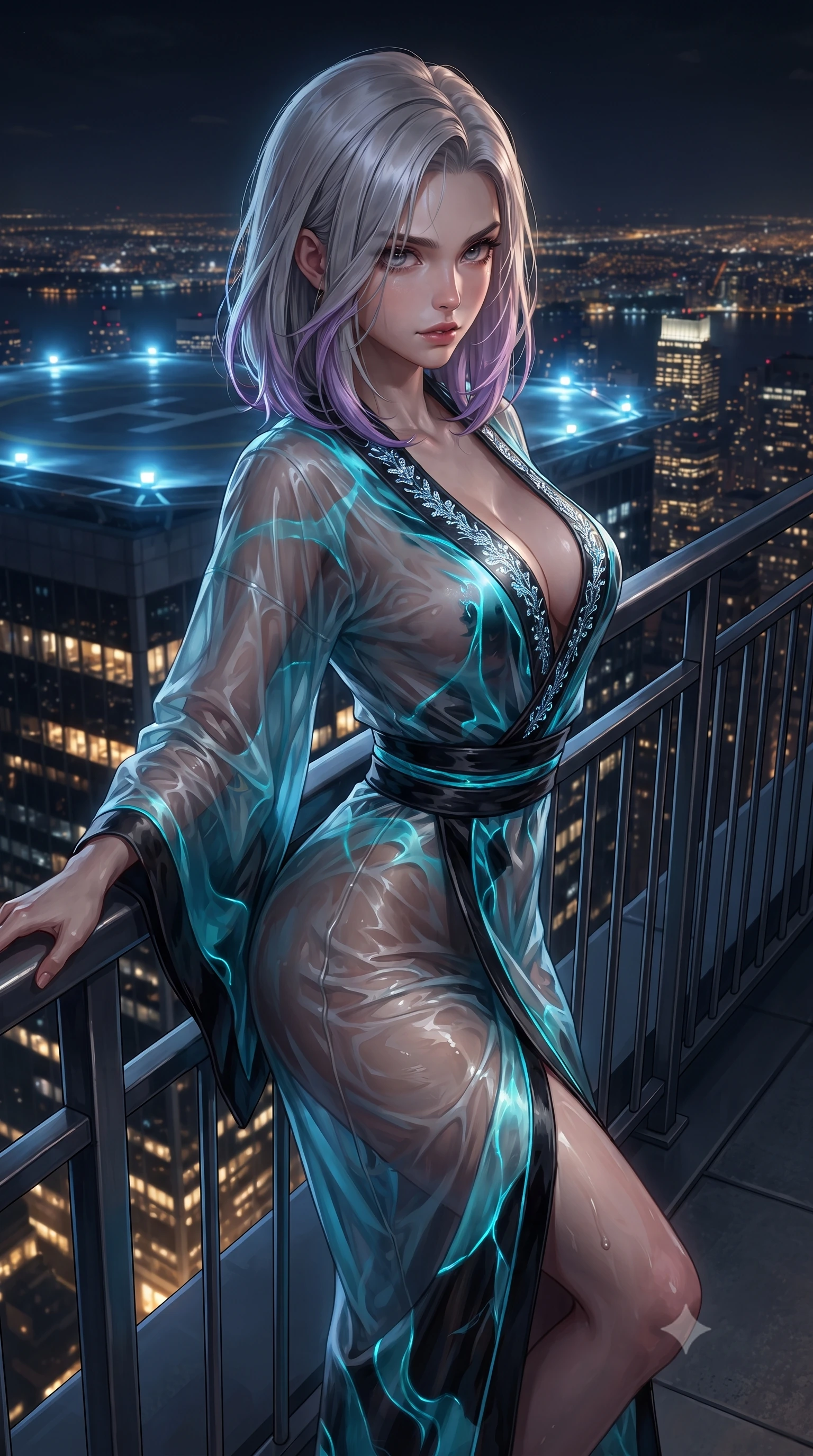 score_9, masterpiece, best quality, ultra-detailed, high-budget anime keyframe, editorial fashion photography, tasteful artistic composition, Caucasian woman. close-up cowboy shot from the waist and thighs up, the character dominates the composition, filling the frame with her large presence. twisting her slender torso in a deep contrapposto stance, hips dramatically shifted to accentuate her feminine curves while looking past her shoulder with smoldering bedroom-eyes while leaning deep against the perimeter safety railing with hips cocked back, looking over her shoulder at the sprawling sea of Manhattan skyscraper lights. The surrounding environment is rendered in vivid detail and crisp panoramic clarity. epic high-altitude urban chiaroscuro and raw high-fashion rooftop adrenaline rendered with precision. She has an exceptionally elegant, slender, and willowy female figure with an ultra-slim waist, flat toned midriff, narrow ribcage, and sculpted feminine hips creating an alluring, slim hourglass silhouette without bulk. sharp v-shaped jawline, high-bridge nose, intricate jewel-like eyes with depth, thick eyelashes, glossy parted lips with a natural sheen, intensely captivating and seductive bedroom-eyes expression, flawlessly proportioned anatomical accuracy, strict slender model proportions, natural body alignment, perfectly sculpted long slender limbs, ultra-slim waistline, clean dynamic posture without body distortion. wearing a delicate semi-translucent silk yukata that clings to her wet skin and curvy hip contours in neon electric cyan and lacquer black, tailored from smooth liquid silk satin adhering seamlessly to her skin, finished with delicate crystal frost embroidery tracing the plunging neckline, the liquid-tight tailored fabric clinging flawlessly to her narrow waist and rounded feminine hips, emphasizing every millimeter of her sculpted slim hourglass curves without any bulky heaviness. bathed in cool blue helipad floodlights and ambient golden metropolis glow from below. ultra-reflective glossy finish, specular highlights, rich textural contrasts, high-contrast stereoscopic depth, volumetric dynamic lighting, 2k, ultra detail, master piece, 9:16 ratio